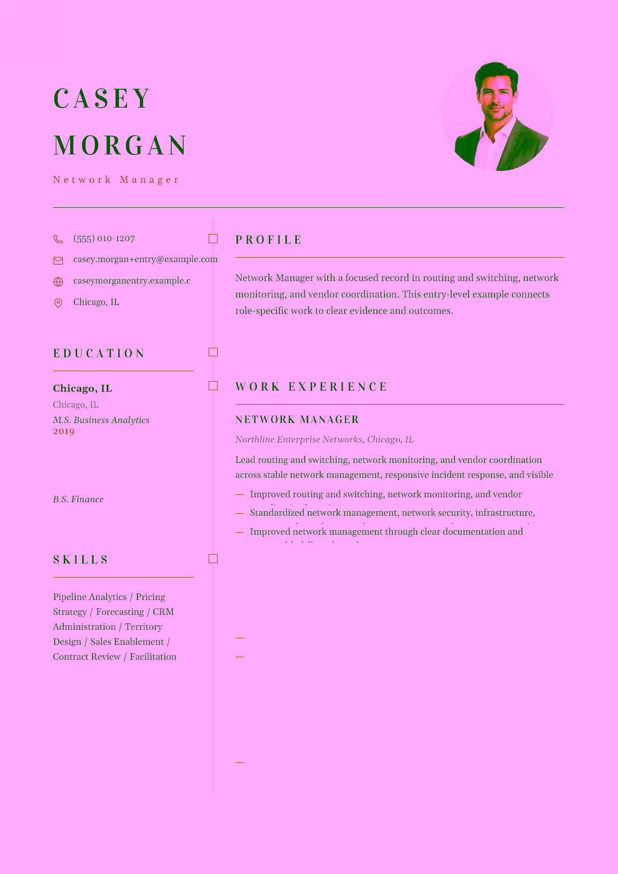 Entry-level Network Manager resume example in the Draco template focused on stable network management, responsive incident response, and visible infrastructure health.