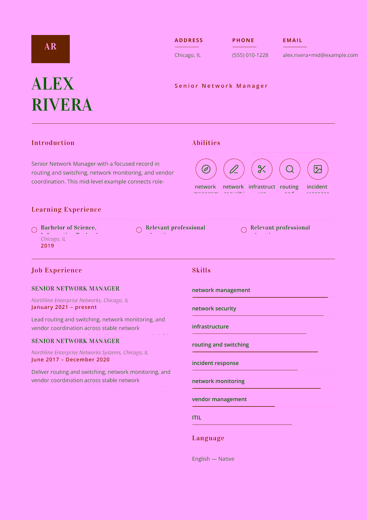 Mid-level Senior Network Manager resume example in the Delphinus template focused on routing and switching, network monitoring, and vendor coordination.