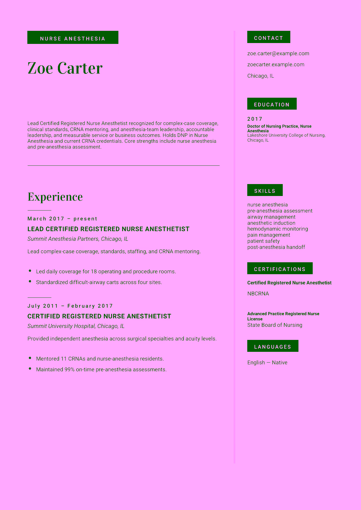 Advanced Lead Certified Registered Nurse Anesthetist resume example in the Aquila template focused on complex-case coverage, clinical standards, CRNA mentoring, and anesthesia-team leadership.