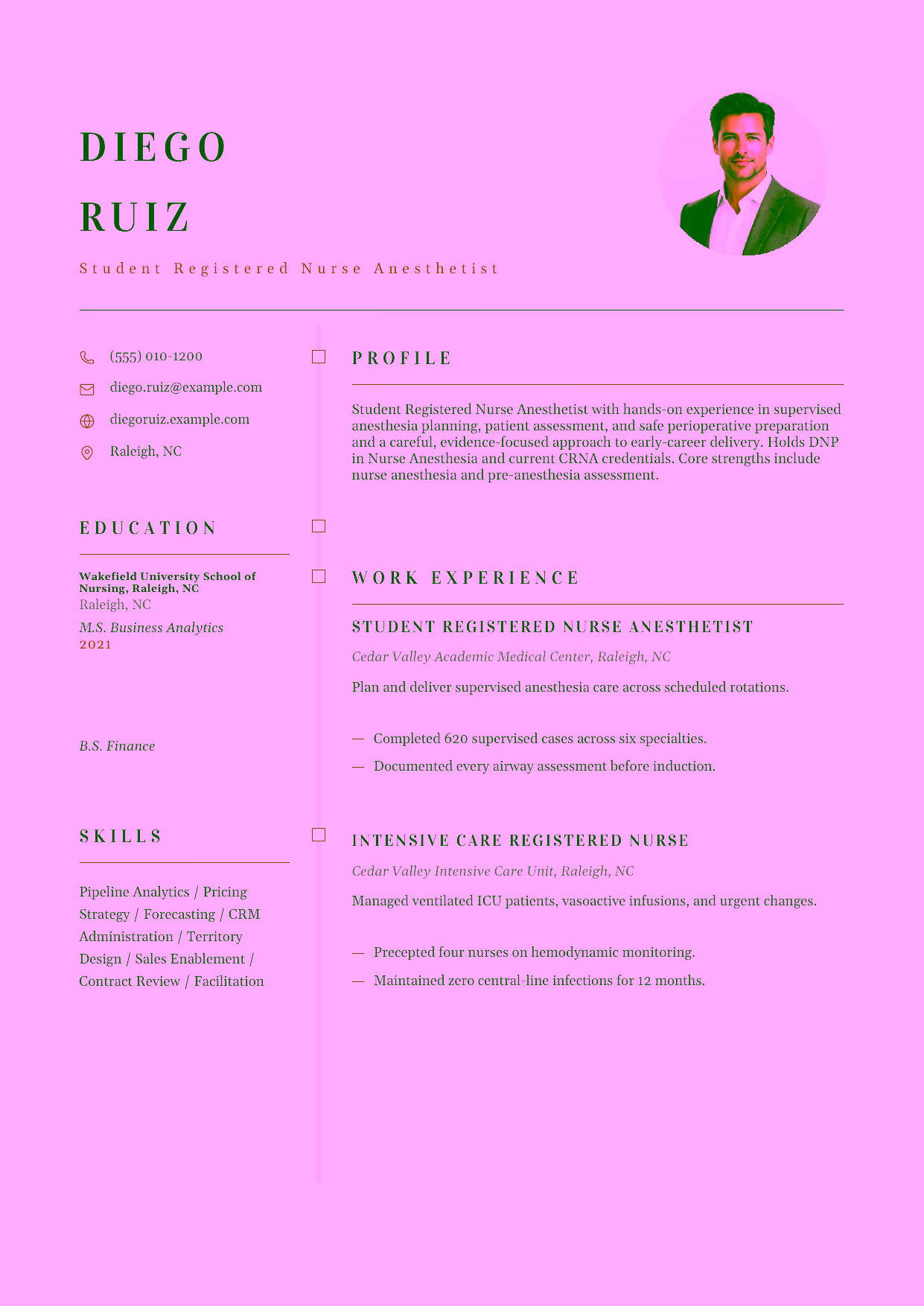 Entry-level Student Registered Nurse Anesthetist resume example in the Draco template focused on supervised anesthesia planning, patient assessment, and safe perioperative preparation.