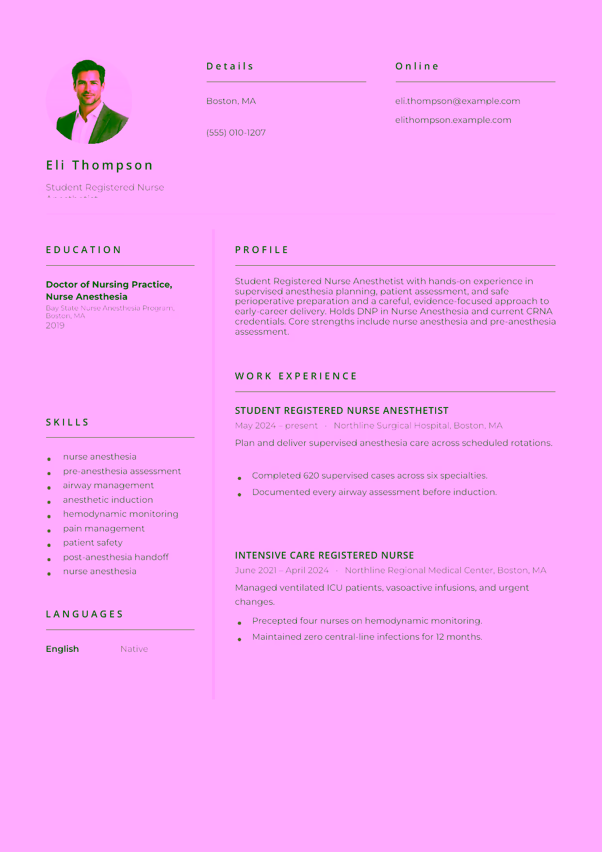 Entry-level Student Registered Nurse Anesthetist resume example in the Pictor template focused on supervised anesthesia planning, patient assessment, and safe perioperative preparation.