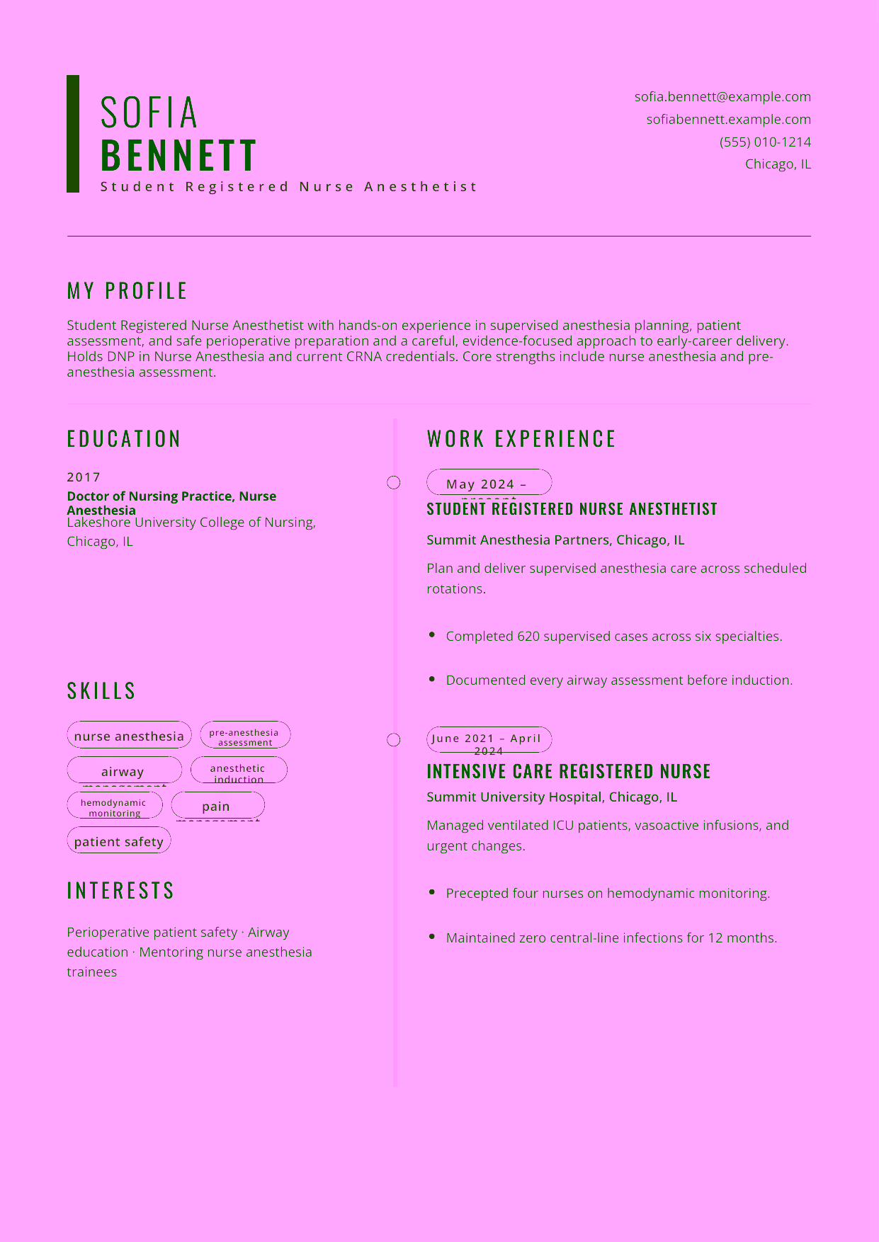 Entry-level Student Registered Nurse Anesthetist resume example in the Caelum template focused on supervised anesthesia planning, patient assessment, and safe perioperative preparation.