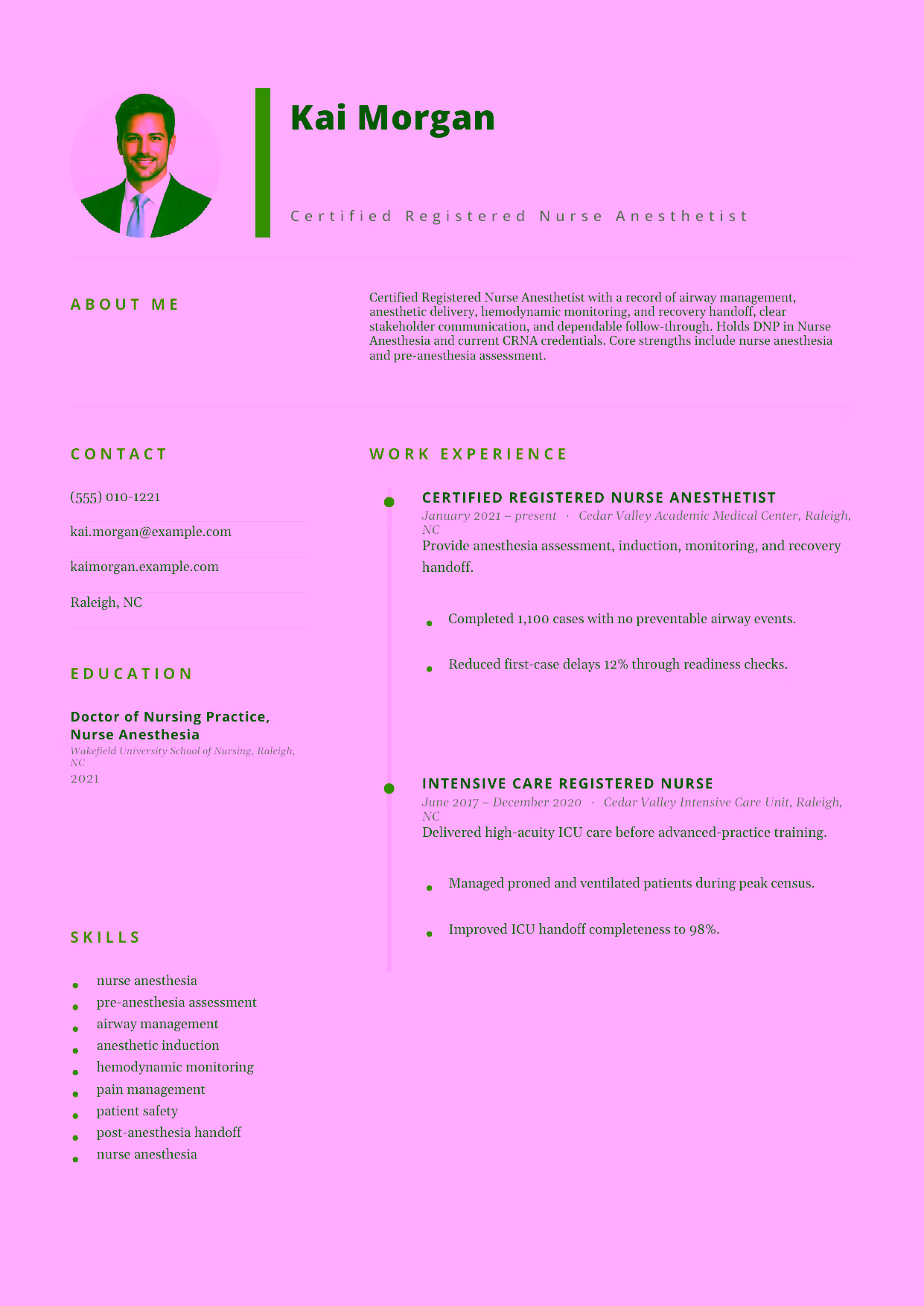 Mid-level Certified Registered Nurse Anesthetist resume example in the Pegasus template focused on airway management, anesthetic delivery, hemodynamic monitoring, and recovery handoff.