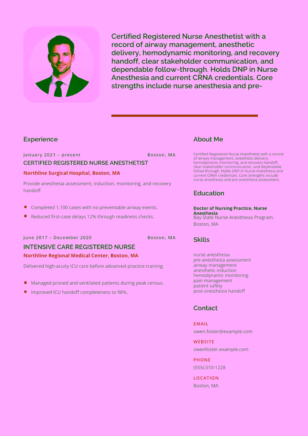Mid-level Certified Registered Nurse Anesthetist resume example in the Andromeda template focused on airway management, anesthetic delivery, hemodynamic monitoring, and recovery handoff.