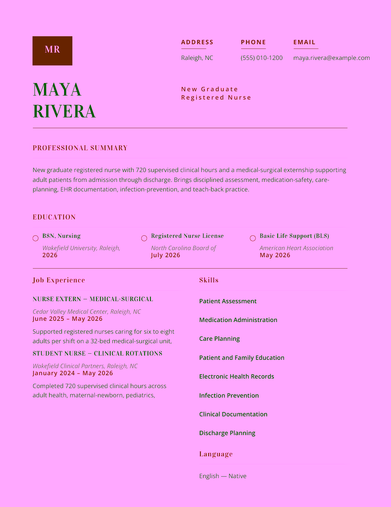 New Graduate Registered Nurse resume example in the Delphinus template focused on medical-surgical clinical rotations, patient safety, and accurate documentation.