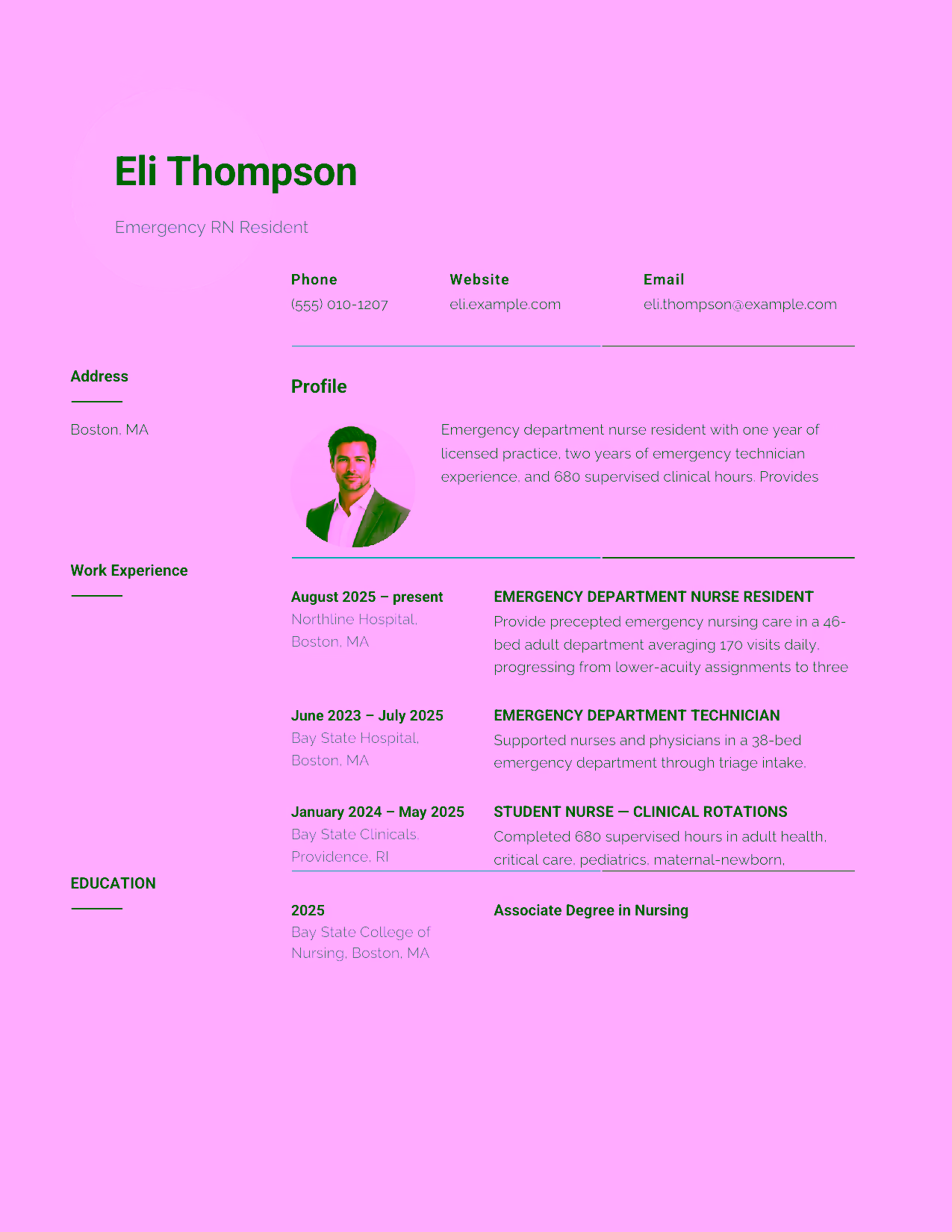 Emergency RN Resident resume example in the Pavo template focused on emergency assessment, escalation, and patient safety.