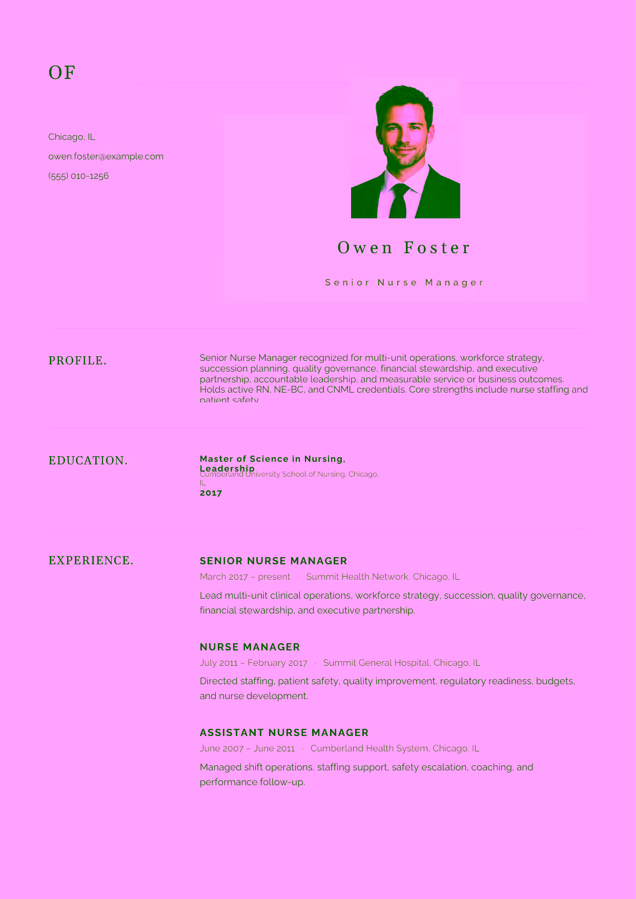 Advanced Senior Nurse Manager resume example in the Norma template focused on multi-unit operations, workforce strategy, succession planning, quality governance, financial stewardship, and executive partnership.