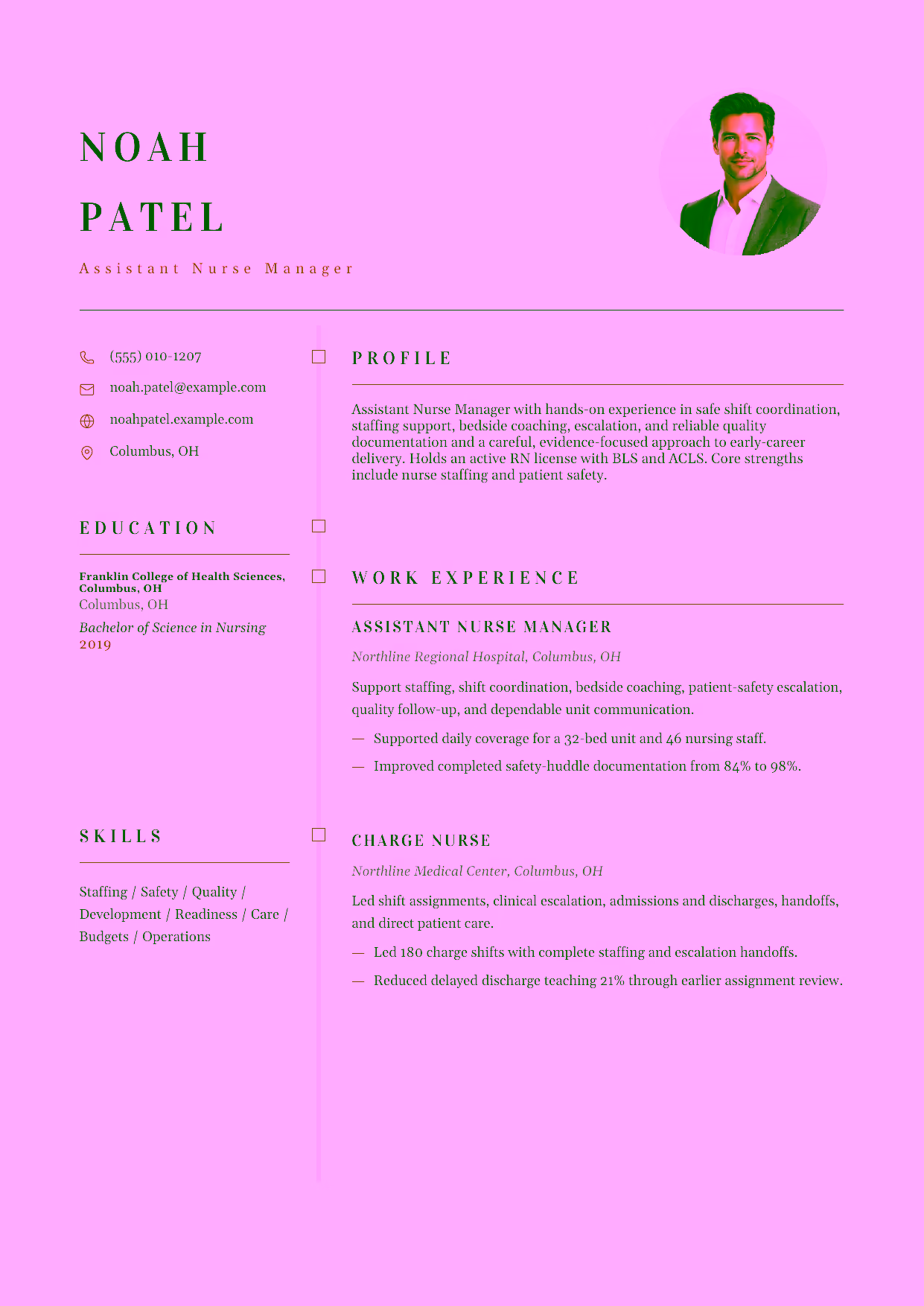 Entry-level Assistant Nurse Manager resume example in the Draco template focused on safe shift coordination, staffing support, bedside coaching, escalation, and reliable quality documentation.