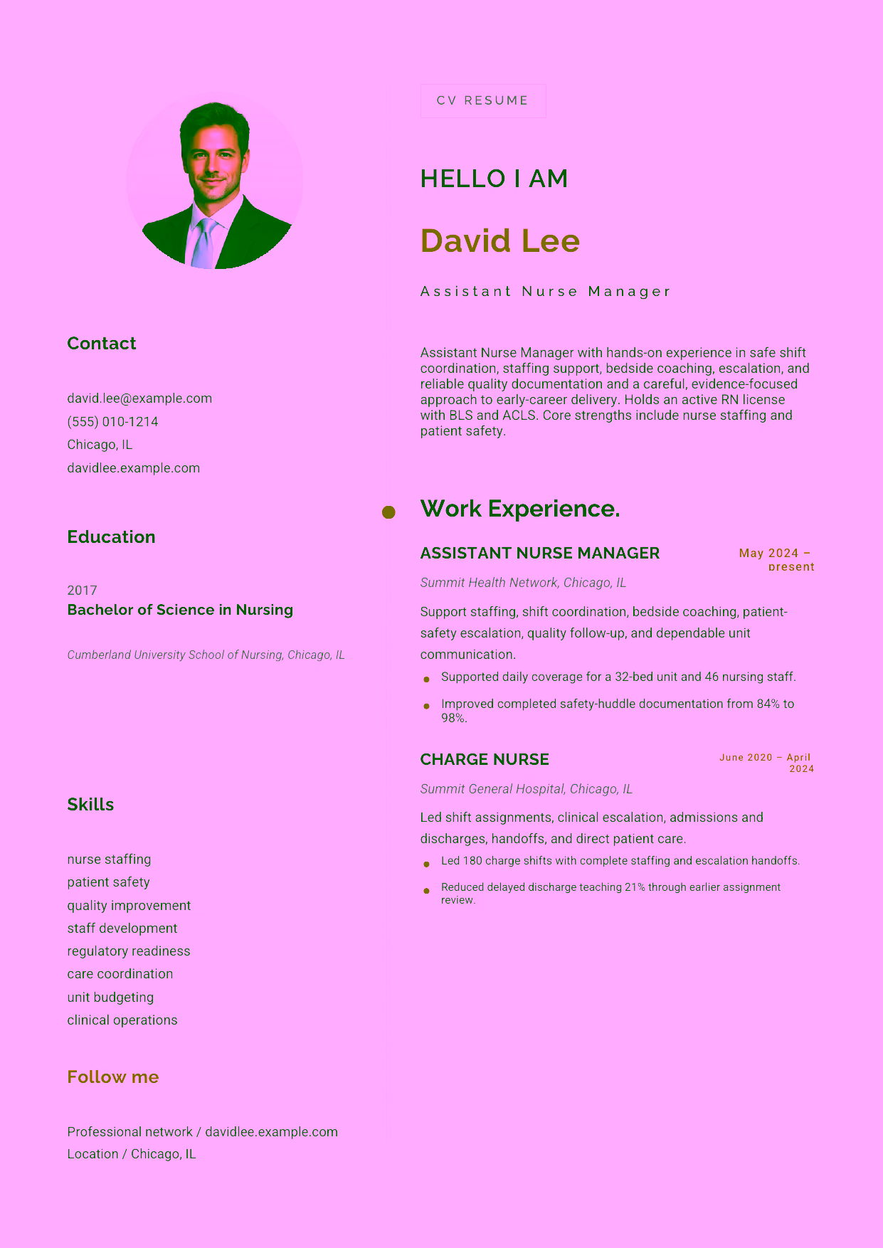 Entry-level Assistant Nurse Manager resume example in the Eridanus template focused on safe shift coordination, staffing support, bedside coaching, escalation, and reliable quality documentation.