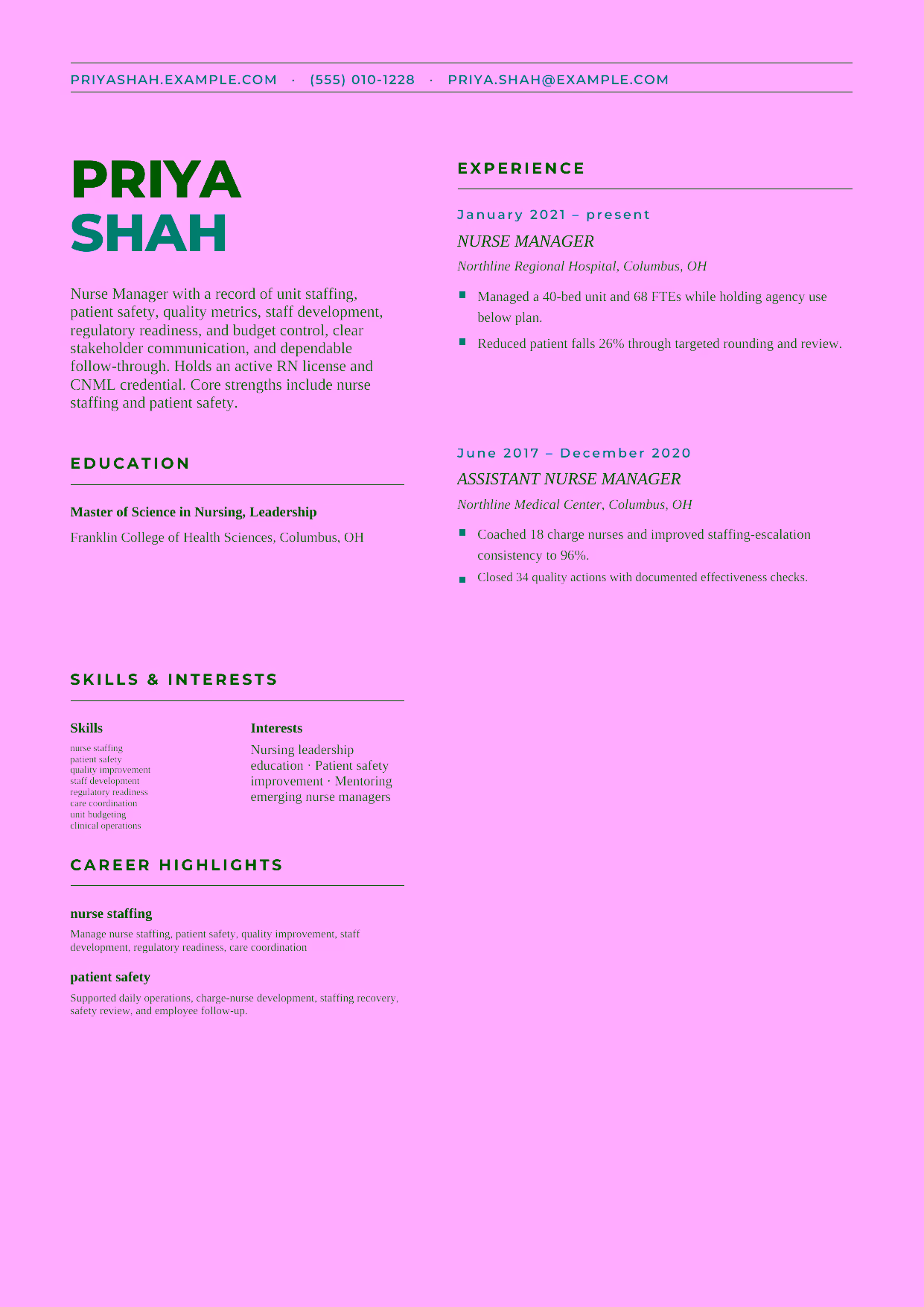 Mid-level Nurse Manager resume example in the Bootes template focused on unit staffing, patient safety, quality metrics, staff development, regulatory readiness, and budget control.
