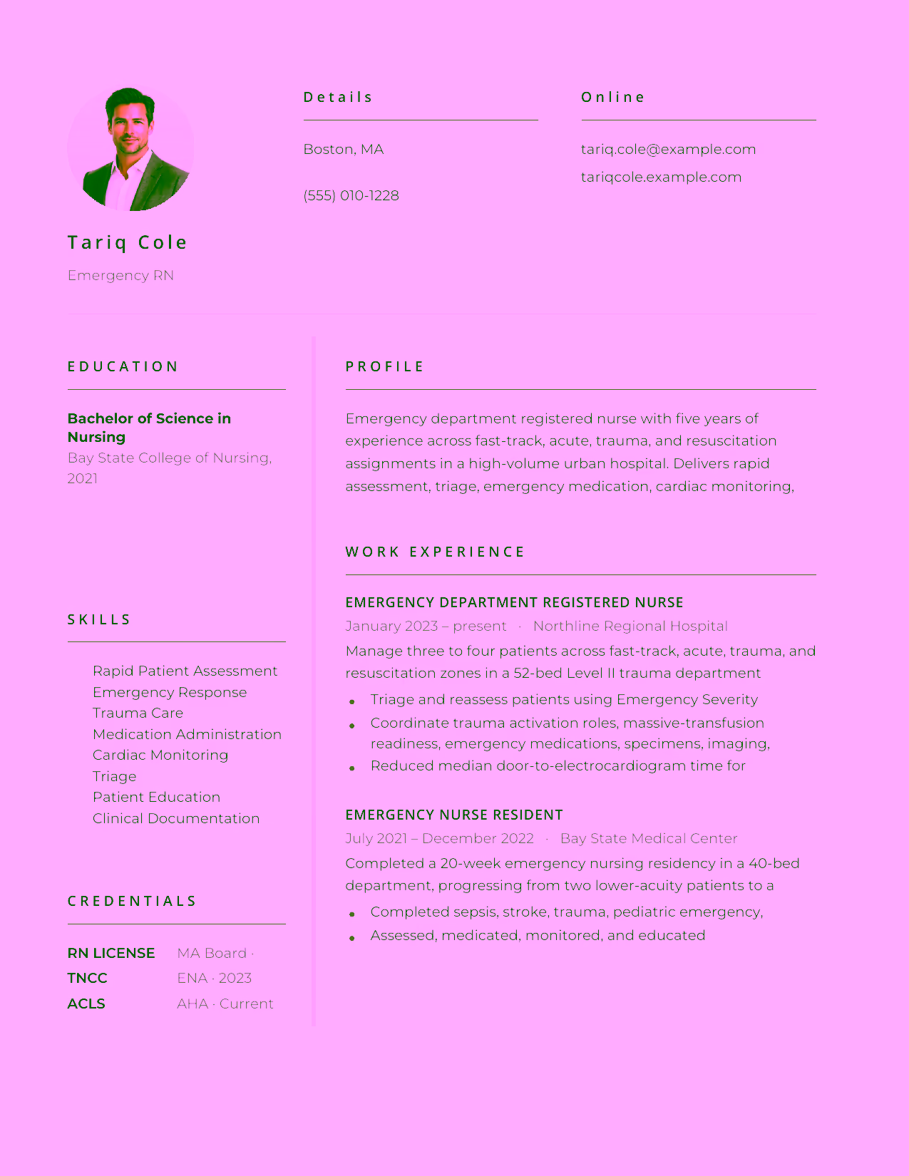 Emergency RN resume example in the Pictor template focused on triage, stabilization, trauma response, and emergency-team coordination.