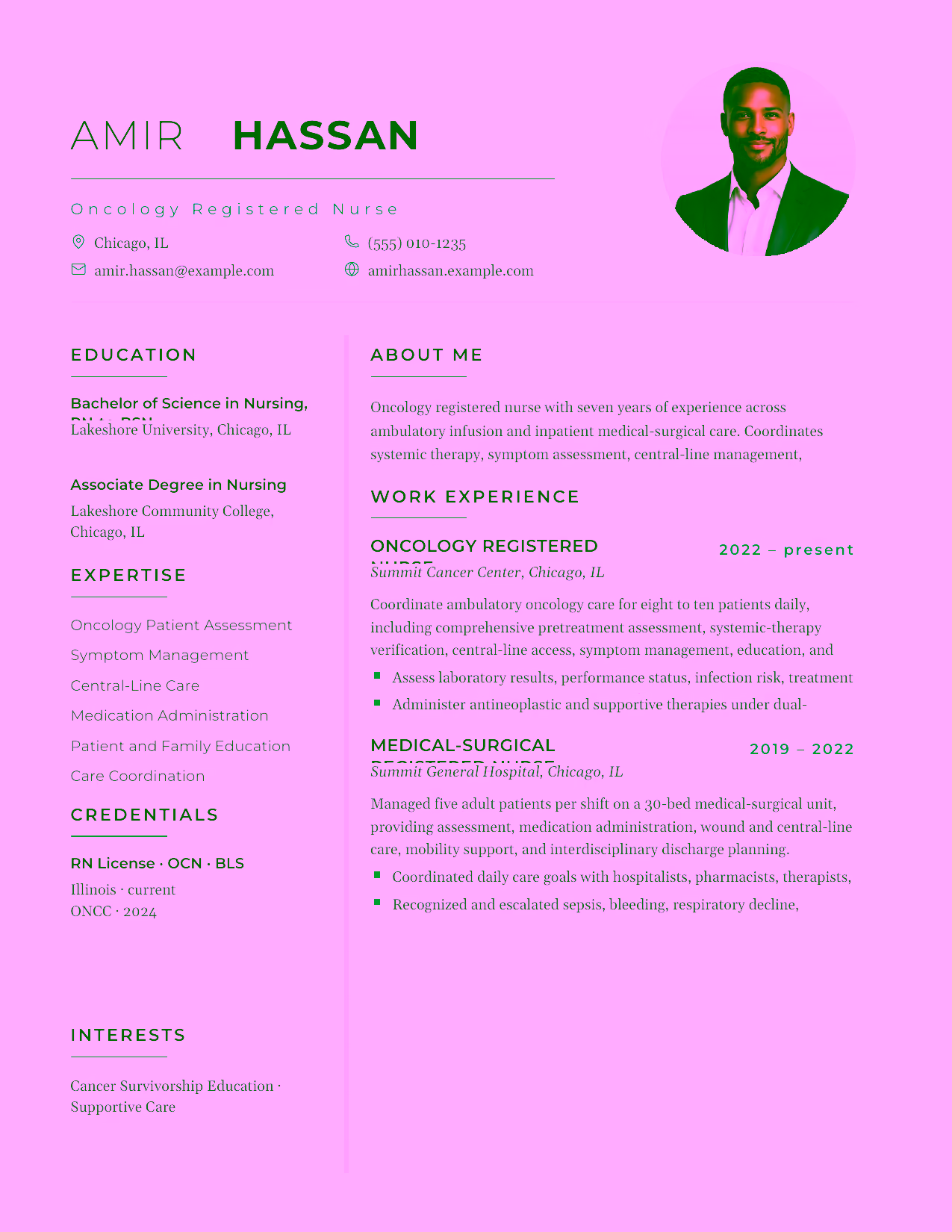 Oncology Registered Nurse resume example in the Achernar template focused on treatment safety, symptom management, and patient education.