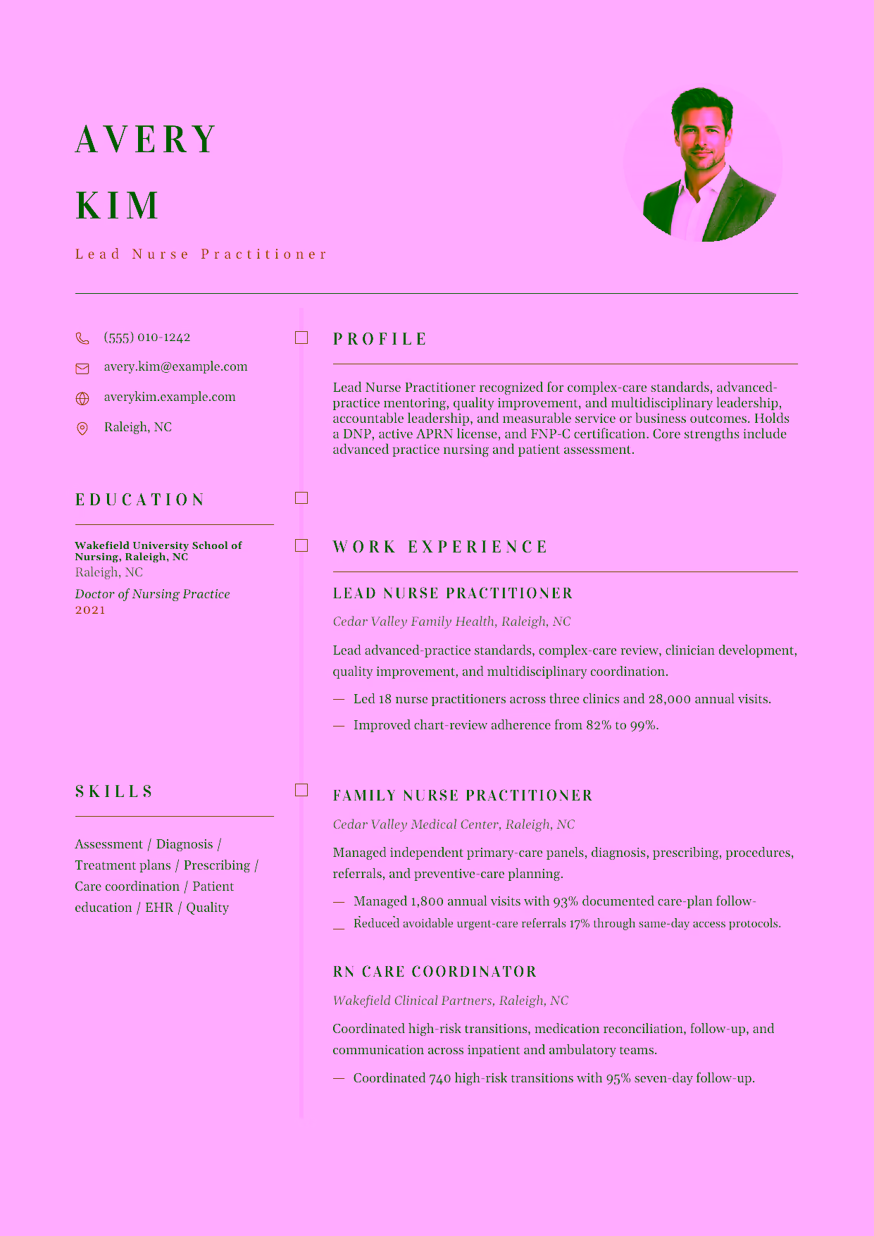 Advanced Lead Nurse Practitioner resume example in the Draco template focused on complex-care standards, advanced-practice mentoring, quality improvement, and multidisciplinary leadership.