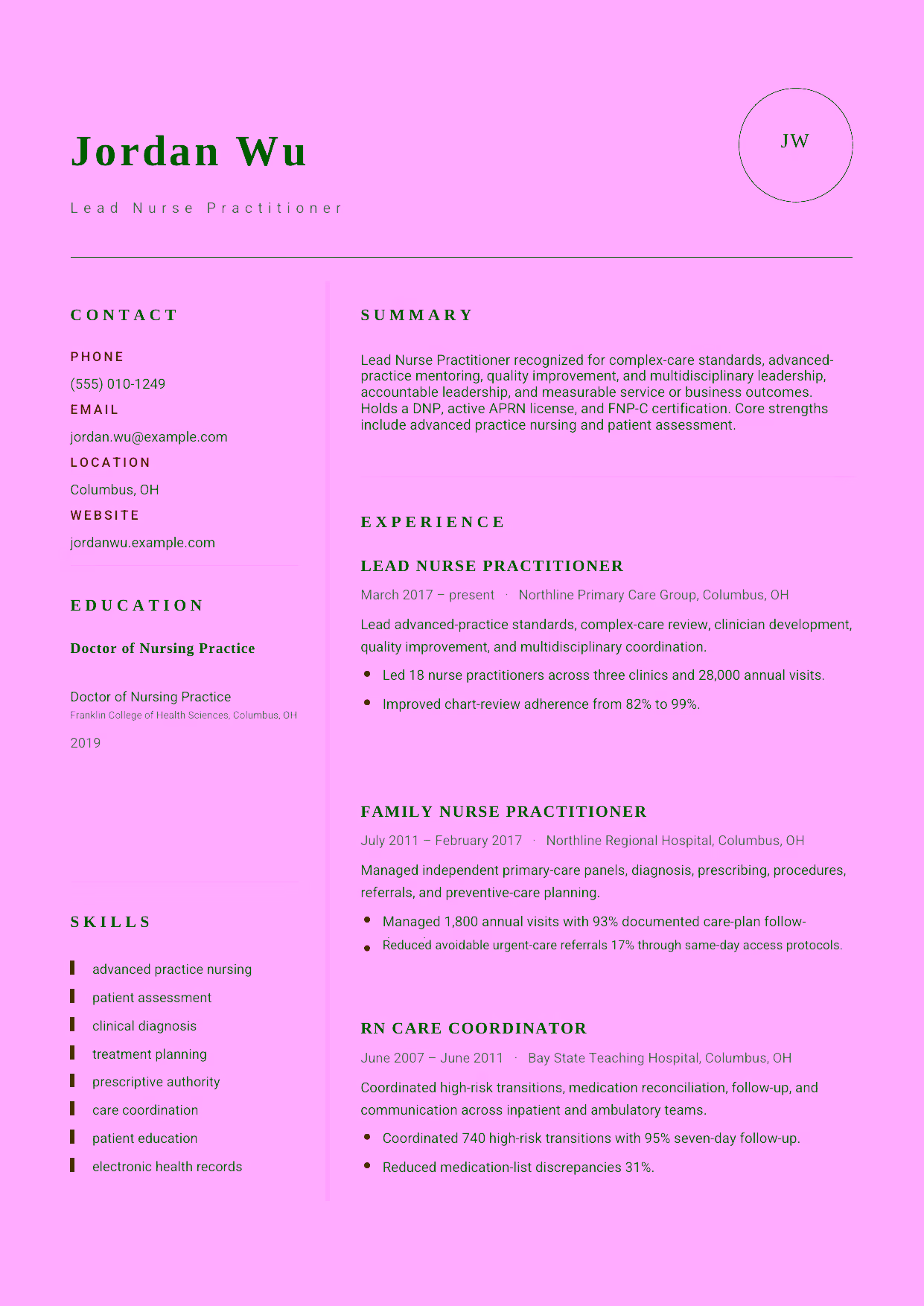 Advanced Lead Nurse Practitioner resume example in the Grus template focused on complex-care standards, advanced-practice mentoring, quality improvement, and multidisciplinary leadership.