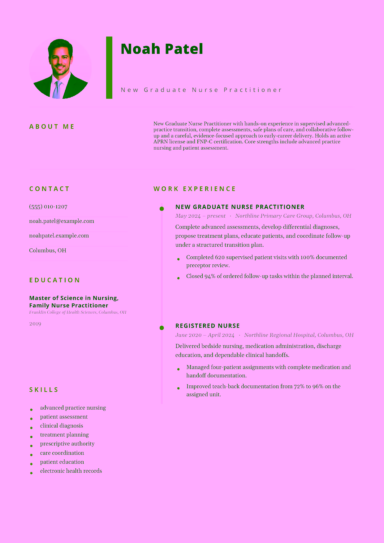 Entry-level New Graduate Nurse Practitioner resume example in the Pegasus template focused on supervised advanced-practice transition, complete assessments, safe plans of care, and collaborative follow-up.