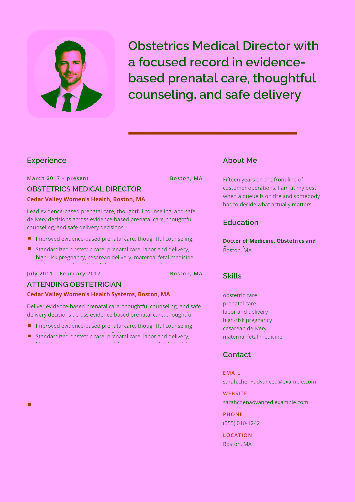 Advanced Obstetrics Medical Director resume example in the Andromeda template focused on maternal-fetal program standards, physician mentoring, and service-line leadership.