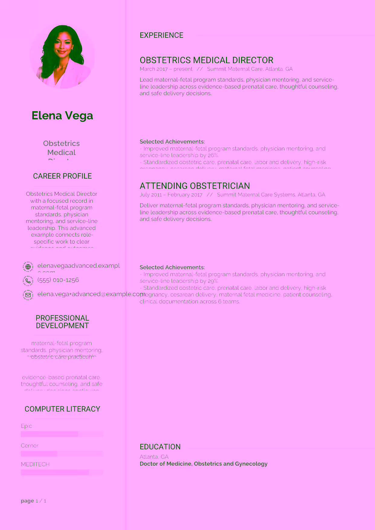 Advanced Obstetrics Medical Director resume example in the Synnove template focused on maternal-fetal program standards, physician mentoring, and service-line leadership.