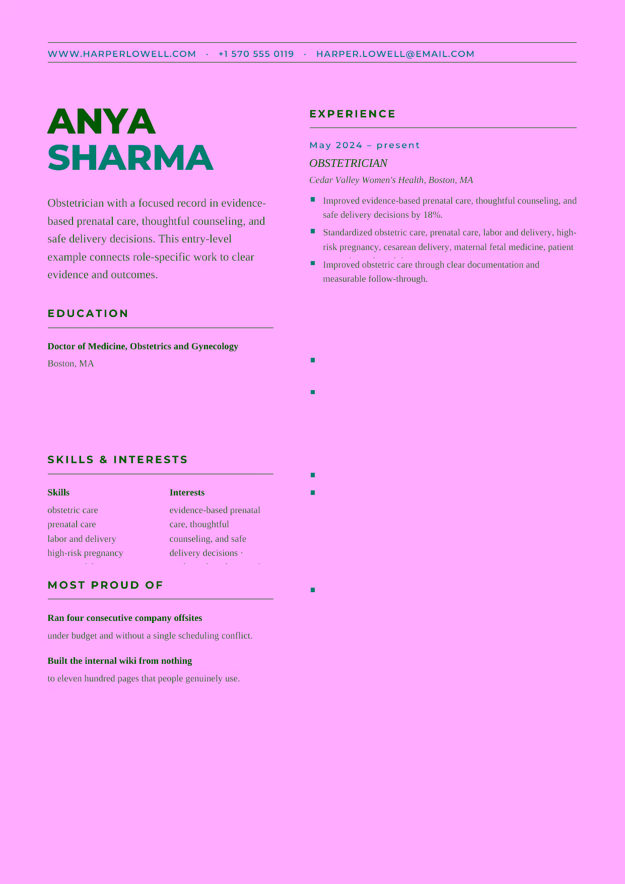 Entry-level Obstetrician resume example in the Bootes template focused on evidence-based prenatal care, thoughtful counseling, and safe delivery decisions.