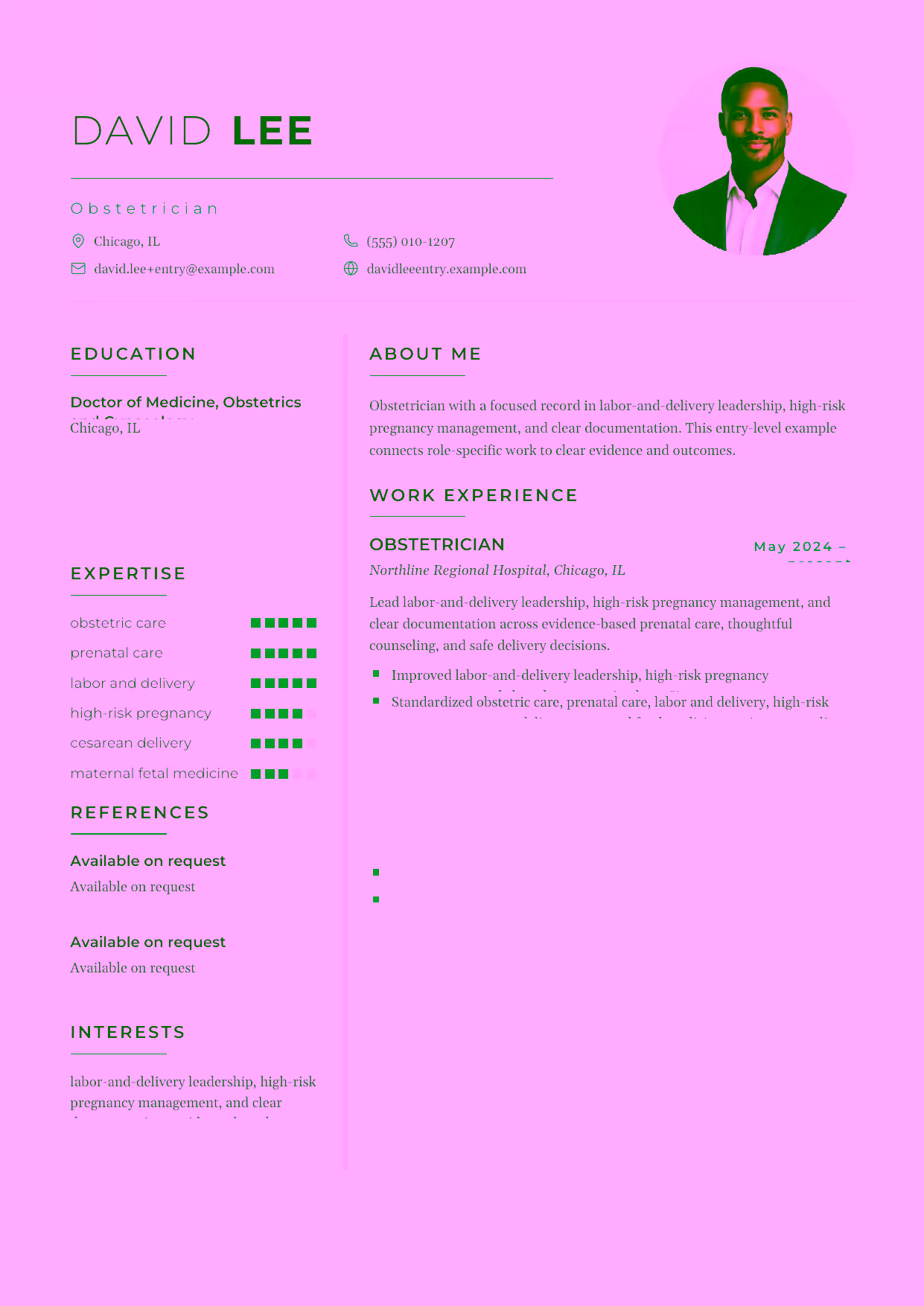 Entry-level Obstetrician resume example in the Achernar template focused on evidence-based prenatal care, thoughtful counseling, and safe delivery decisions.