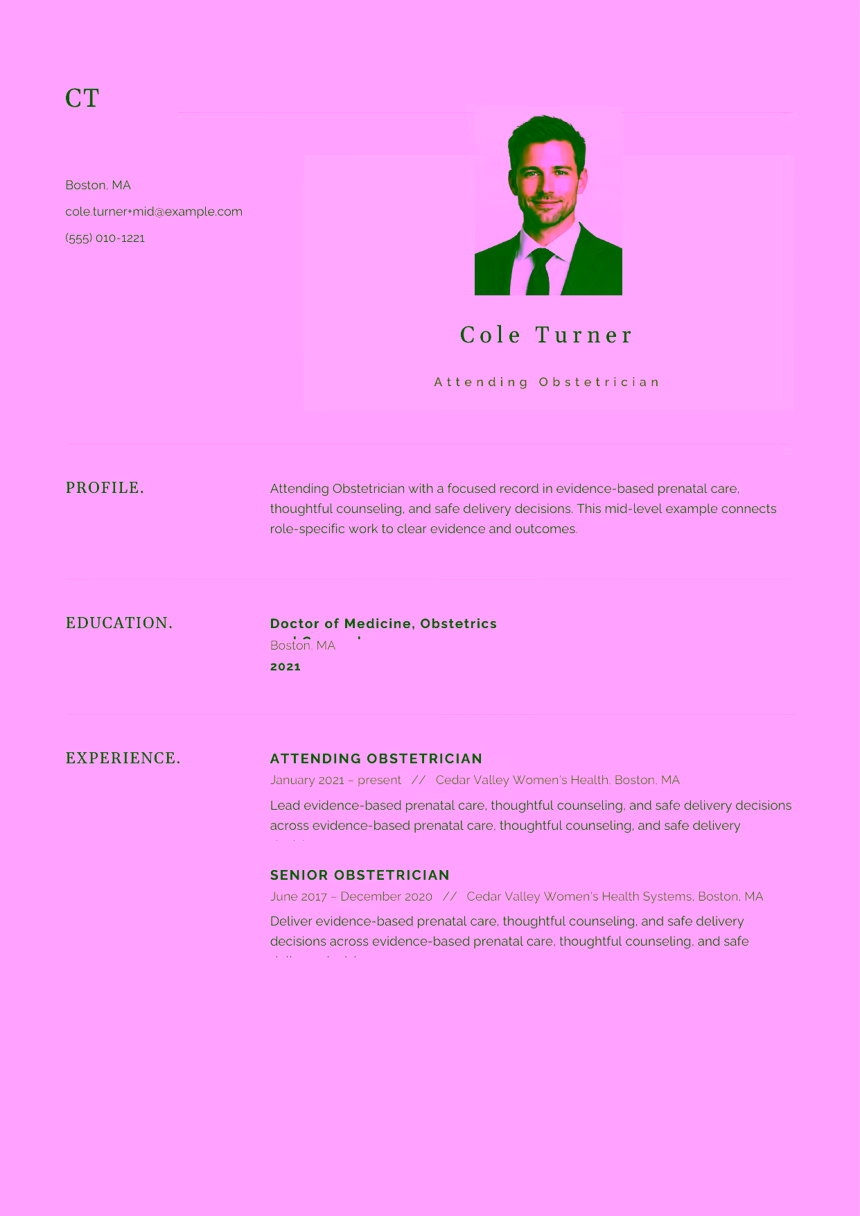 Mid-level Attending Obstetrician resume example in the Norma template focused on labor-and-delivery leadership, high-risk pregnancy management, and clear documentation.