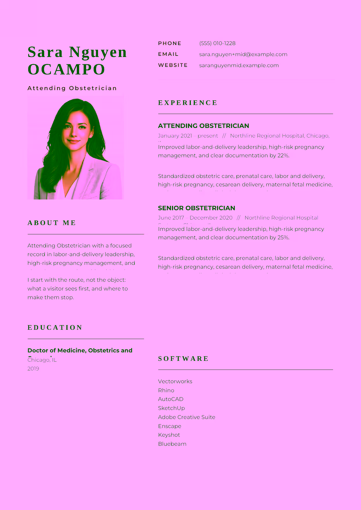 Mid-level Attending Obstetrician resume example in the Hydra template focused on labor-and-delivery leadership, high-risk pregnancy management, and clear documentation.