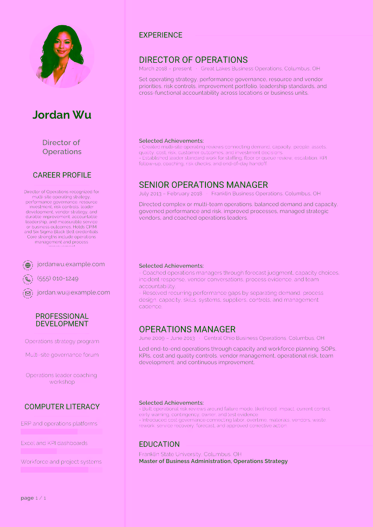 Advanced Director of Operations resume example in the Synnove template focused on multi-site operating strategy, performance governance, resource investment, risk controls, leader development, vendor strategy, and durable improvement.