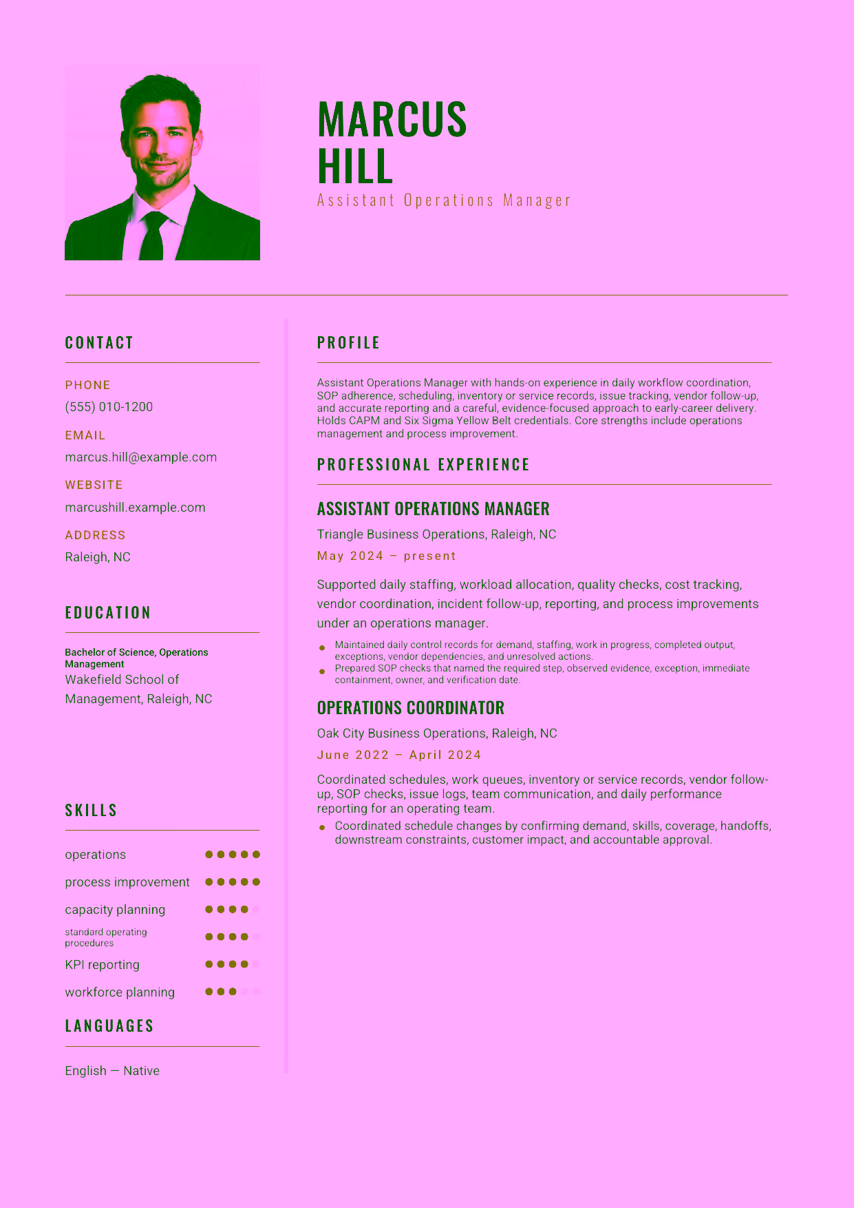 Entry-level Assistant Operations Manager resume example in the Acamar template focused on daily workflow coordination, SOP adherence, scheduling, inventory or service records, issue tracking, vendor follow-up, and accurate reporting.