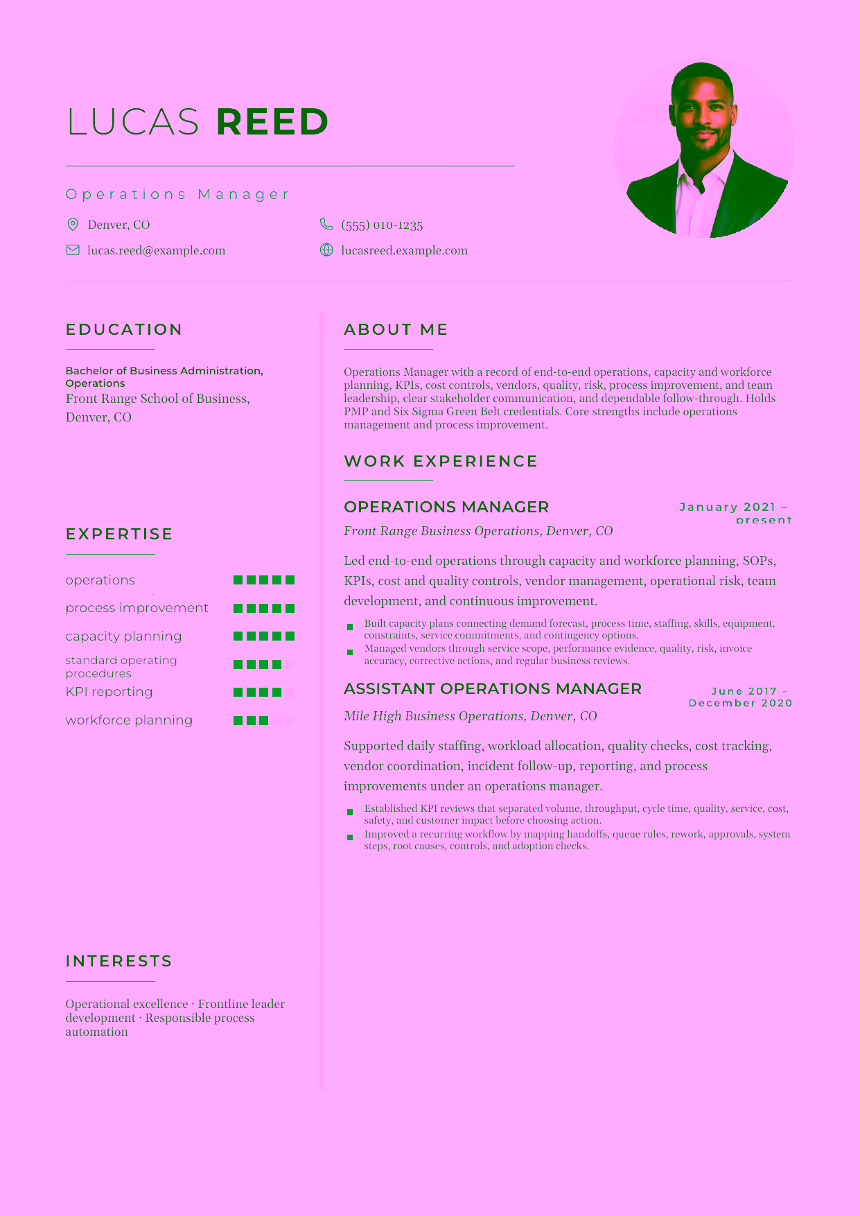Mid-level Operations Manager resume example in the Achernar template focused on end-to-end operations, capacity and workforce planning, KPIs, cost controls, vendors, quality, risk, process improvement, and team leadership.