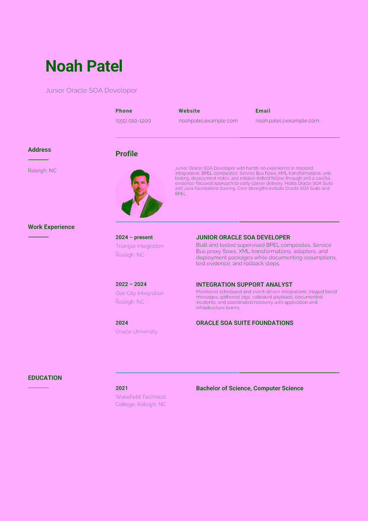 Entry-level Junior Oracle SOA Developer resume example in the Pavo template focused on mapped integrations, BPEL composites, Service Bus flows, XML transformations, unit testing, deployment notes, and reliable defect follow-through.