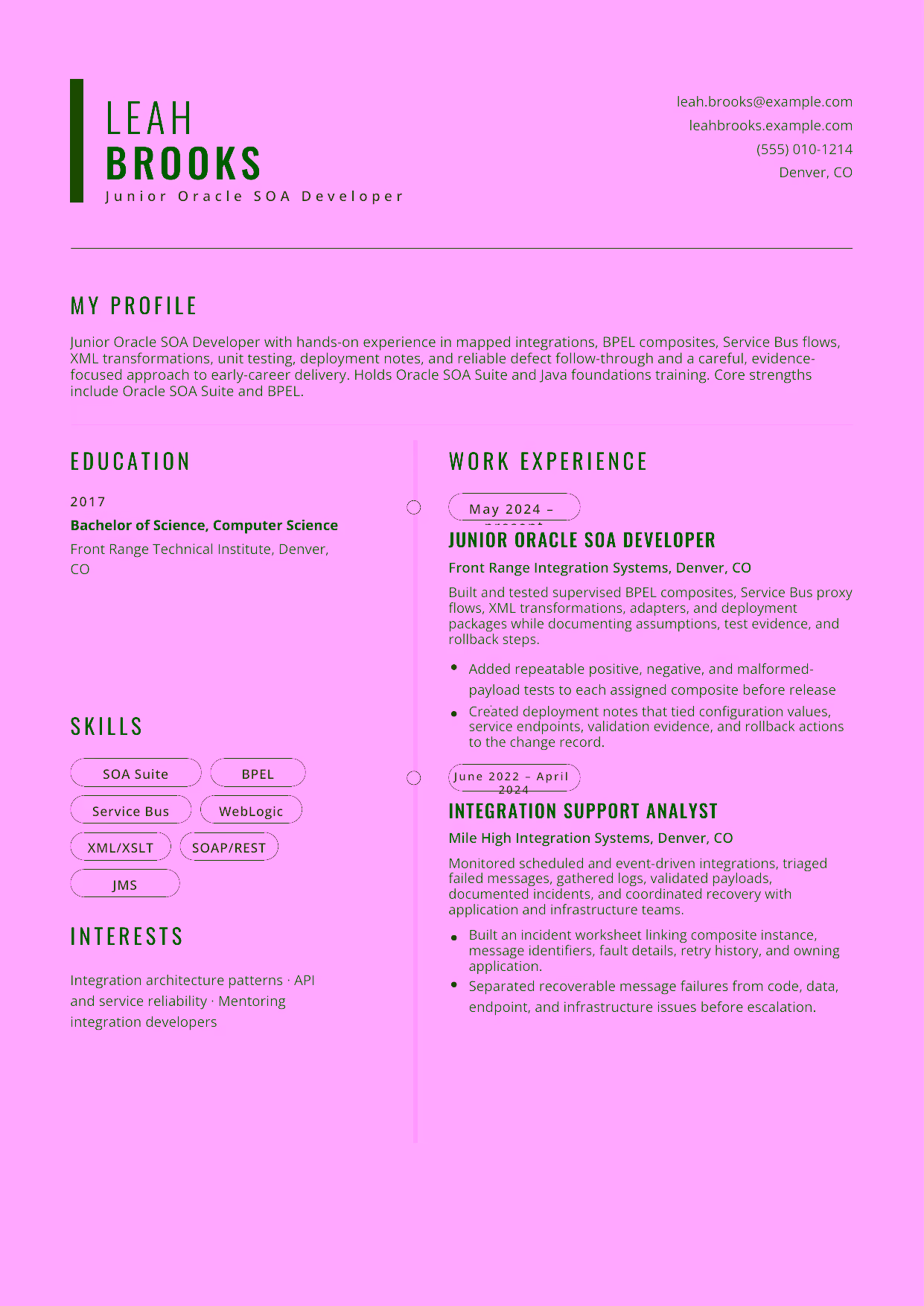 Entry-level Junior Oracle SOA Developer resume example in the Caelum template focused on mapped integrations, BPEL composites, Service Bus flows, XML transformations, unit testing, deployment notes, and reliable defect follow-through.