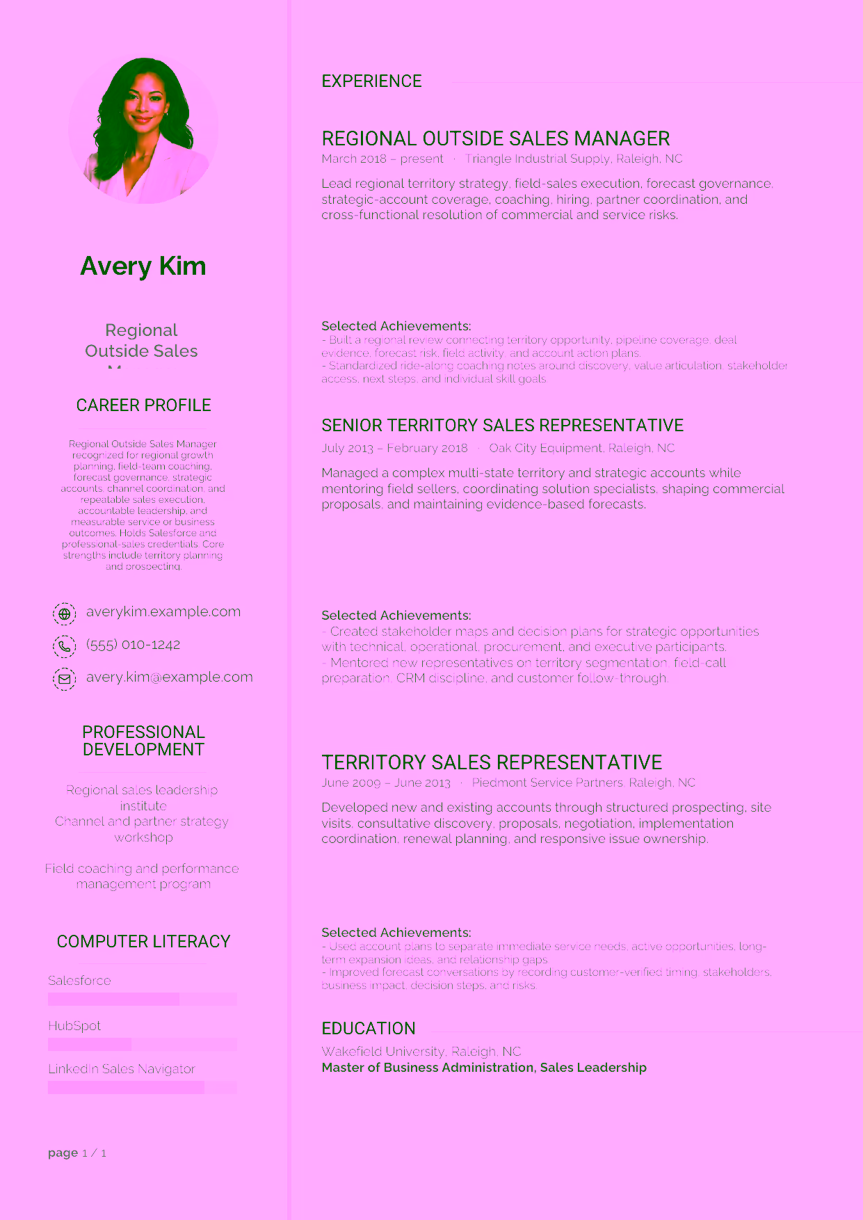 Advanced Regional Outside Sales Manager resume example in the Synnove template focused on regional growth planning, field-team coaching, forecast governance, strategic accounts, channel coordination, and repeatable sales execution.