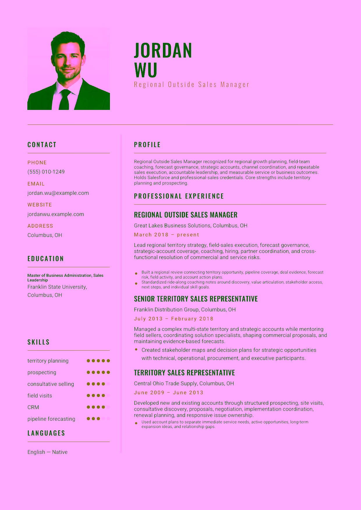 Advanced Regional Outside Sales Manager resume example in the Acamar template focused on regional growth planning, field-team coaching, forecast governance, strategic accounts, channel coordination, and repeatable sales execution.