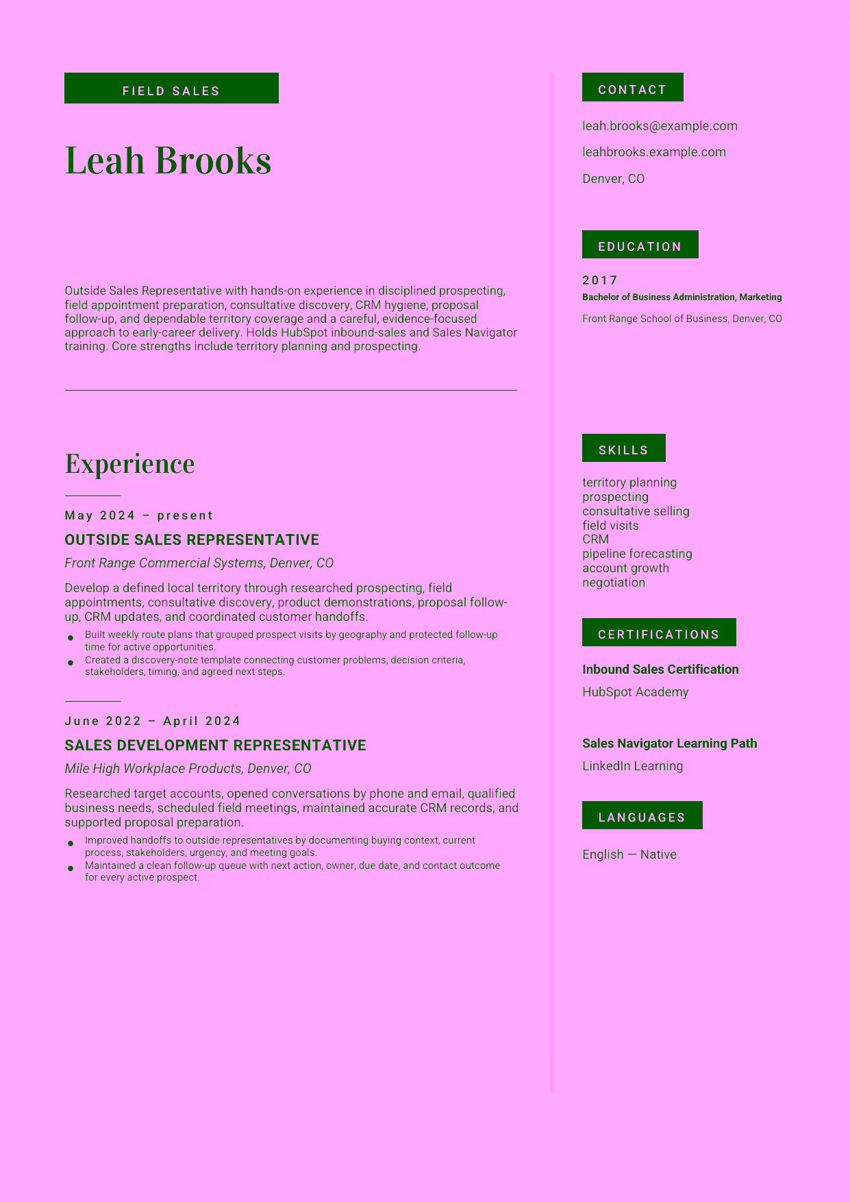 Entry-level Outside Sales Representative resume example in the Aquila template focused on disciplined prospecting, field appointment preparation, consultative discovery, CRM hygiene, proposal follow-up, and dependable territory coverage.