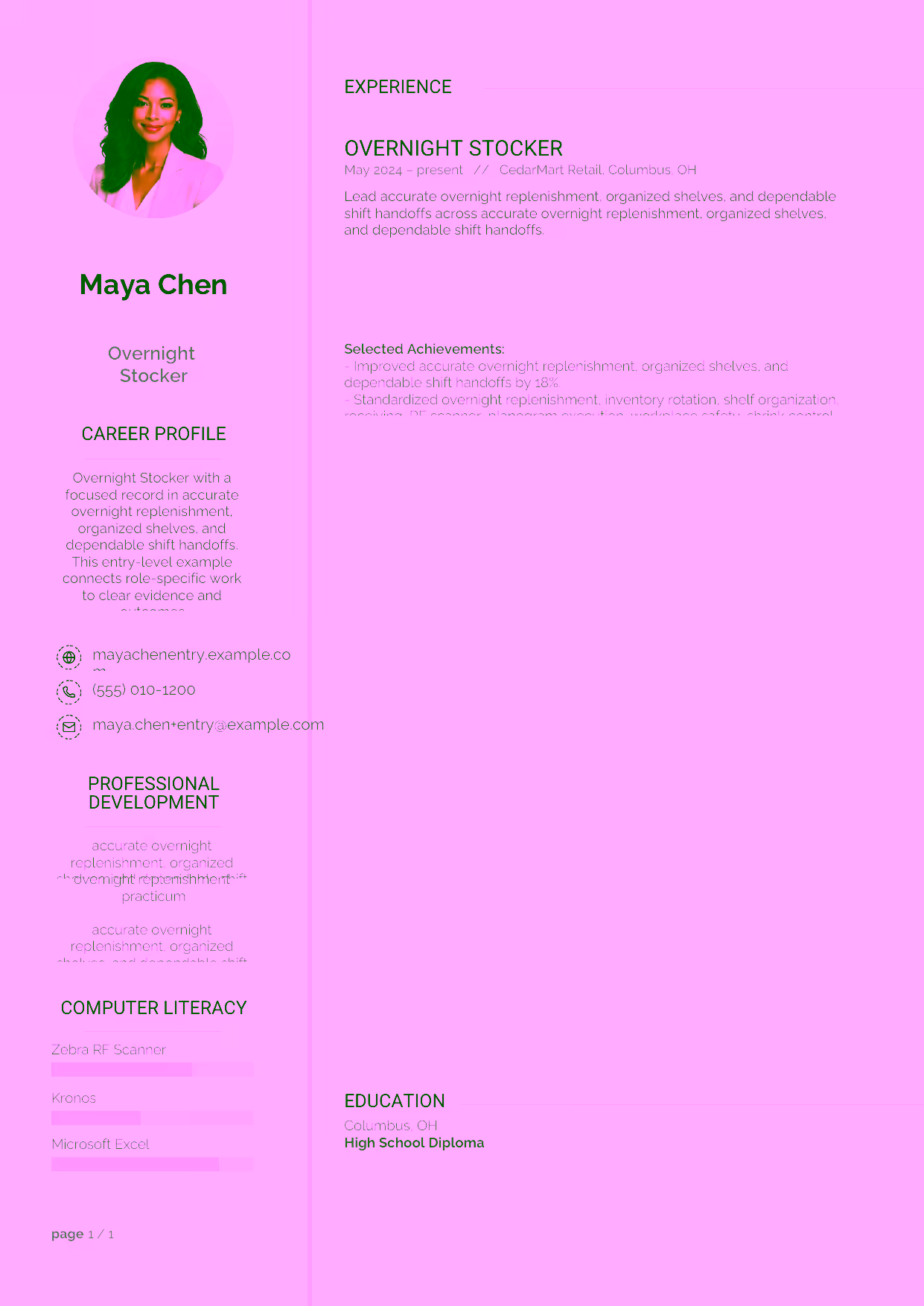 Entry-level Overnight Stocker resume example in the Synnove template focused on accurate overnight replenishment, organized shelves, and dependable shift handoffs.