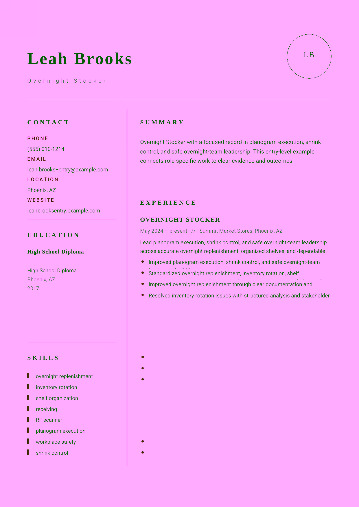 Entry-level Overnight Stocker resume example in the Grus template focused on accurate overnight replenishment, organized shelves, and dependable shift handoffs.