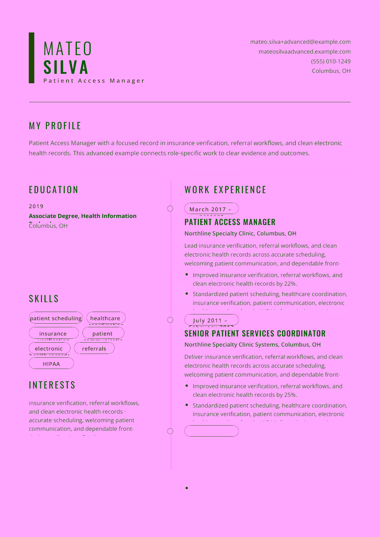 Advanced Patient Access Manager resume example in the Caelum template focused on patient-access standards, service recovery, and coordinator-team leadership.