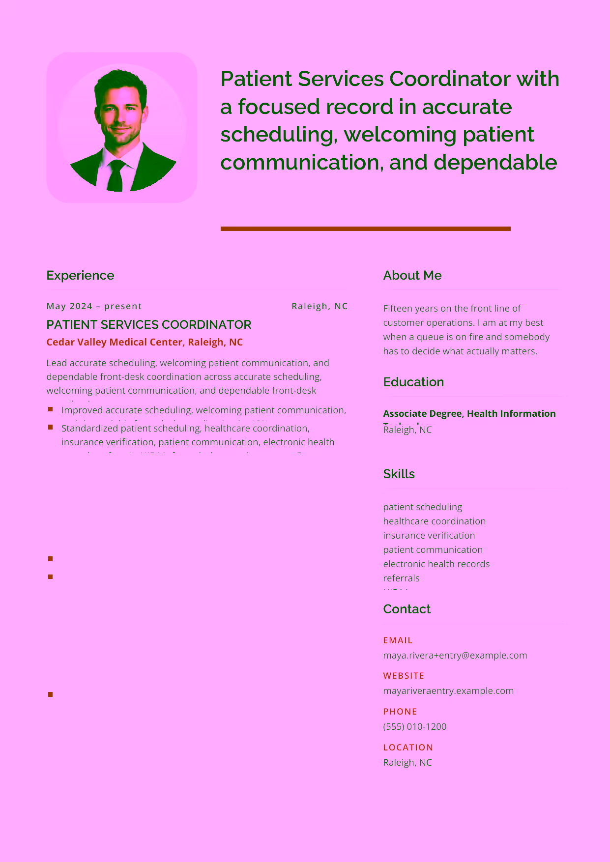 Entry-level Patient Services Coordinator resume example in the Andromeda template focused on accurate scheduling, welcoming patient communication, and dependable front-desk coordination.