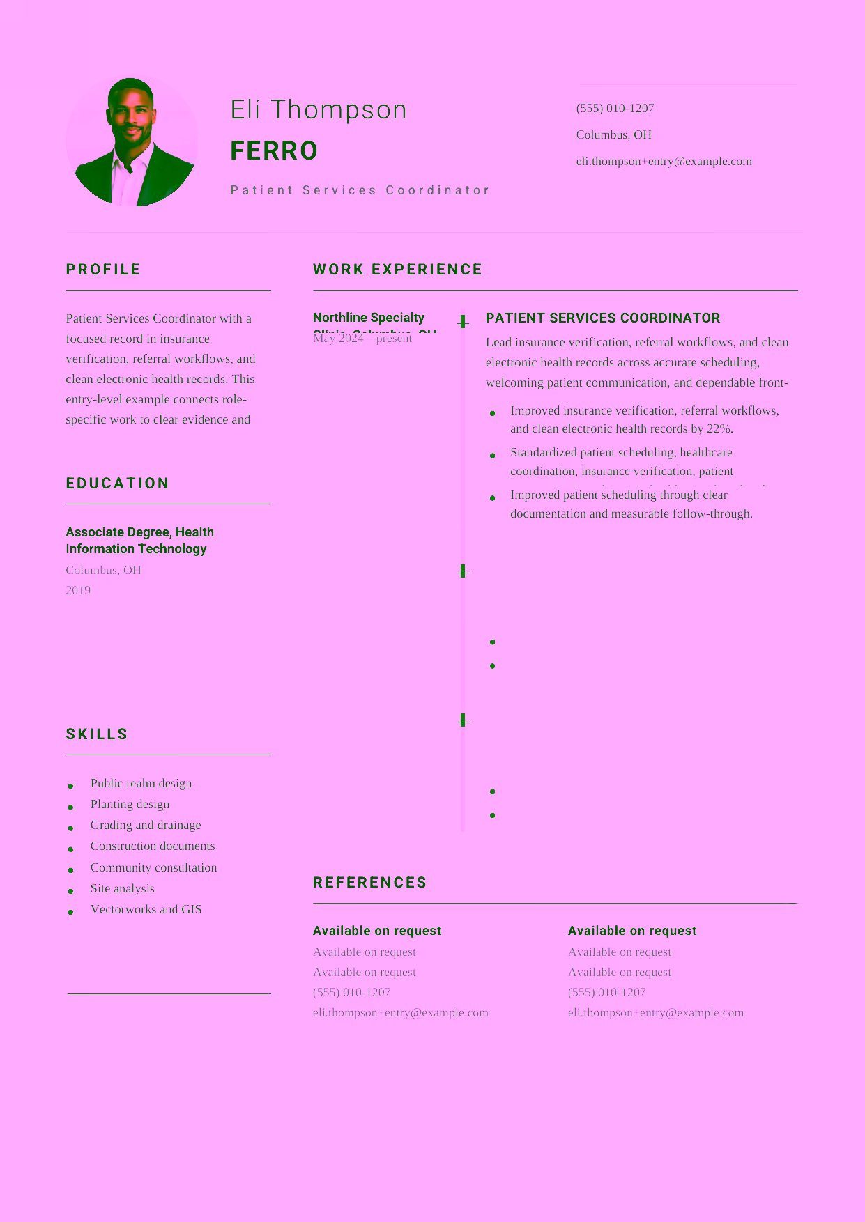 Entry-level Patient Services Coordinator resume example in the Puppis template focused on accurate scheduling, welcoming patient communication, and dependable front-desk coordination.