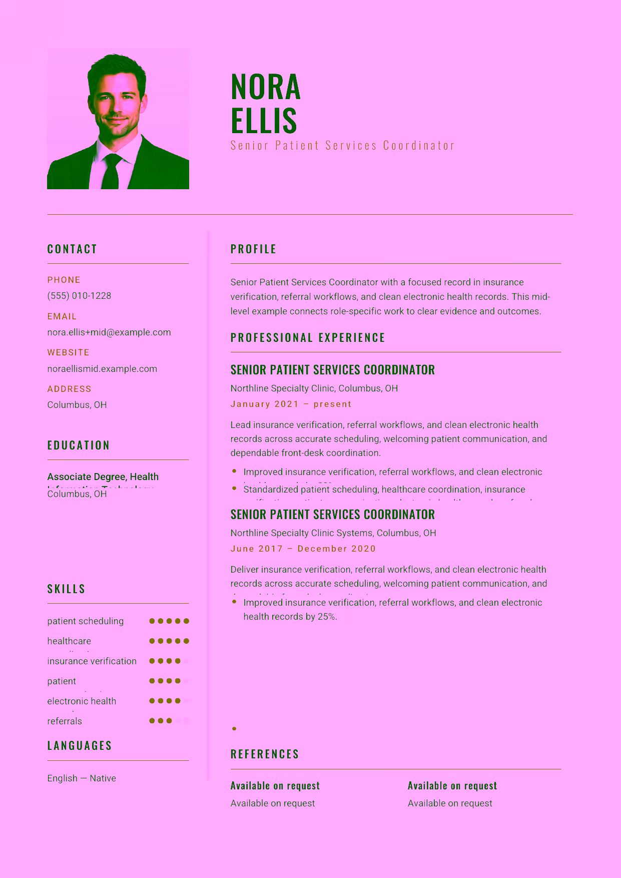 Mid-level Senior Patient Services Coordinator resume example in the Acamar template focused on insurance verification, referral workflows, and clean electronic health records.