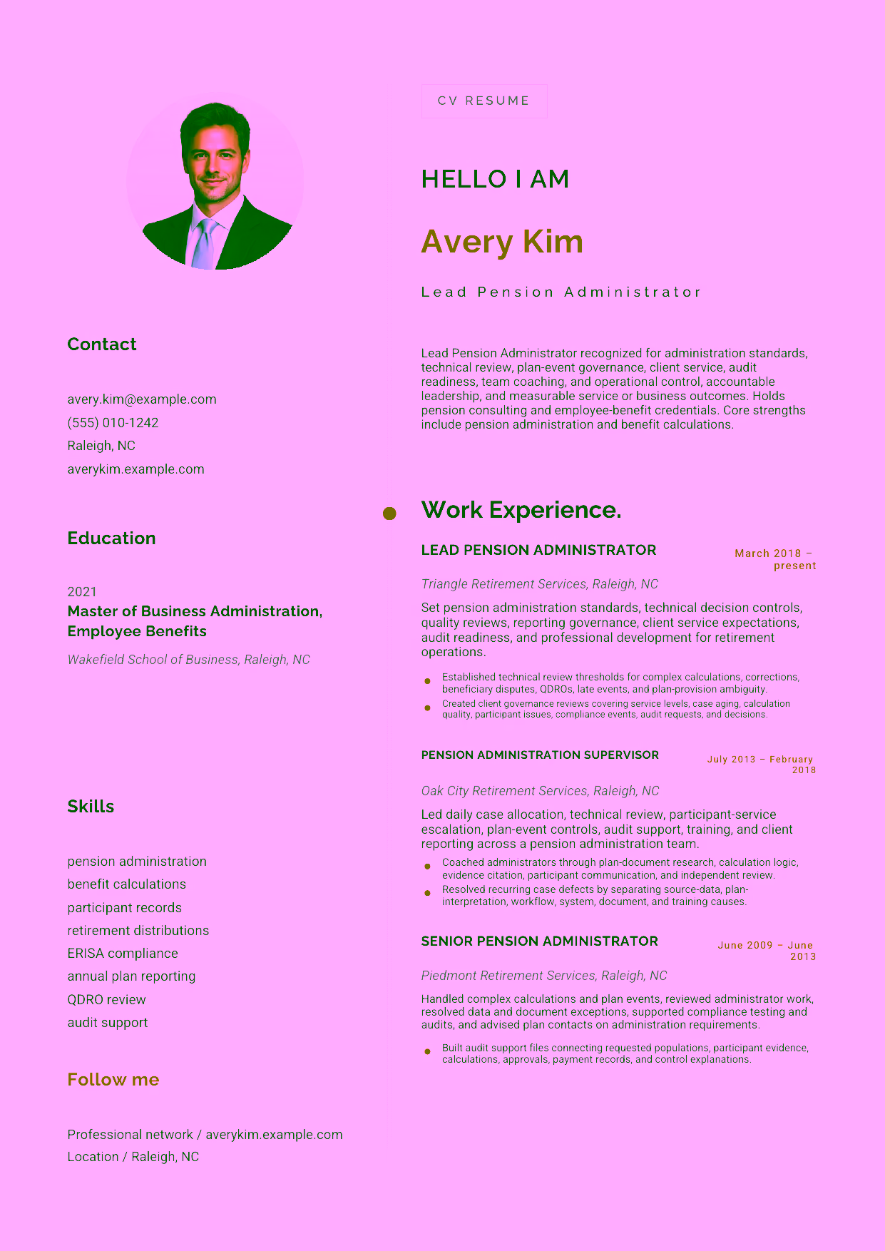 Advanced Lead Pension Administrator resume example in the Eridanus template focused on administration standards, technical review, plan-event governance, client service, audit readiness, team coaching, and operational control.