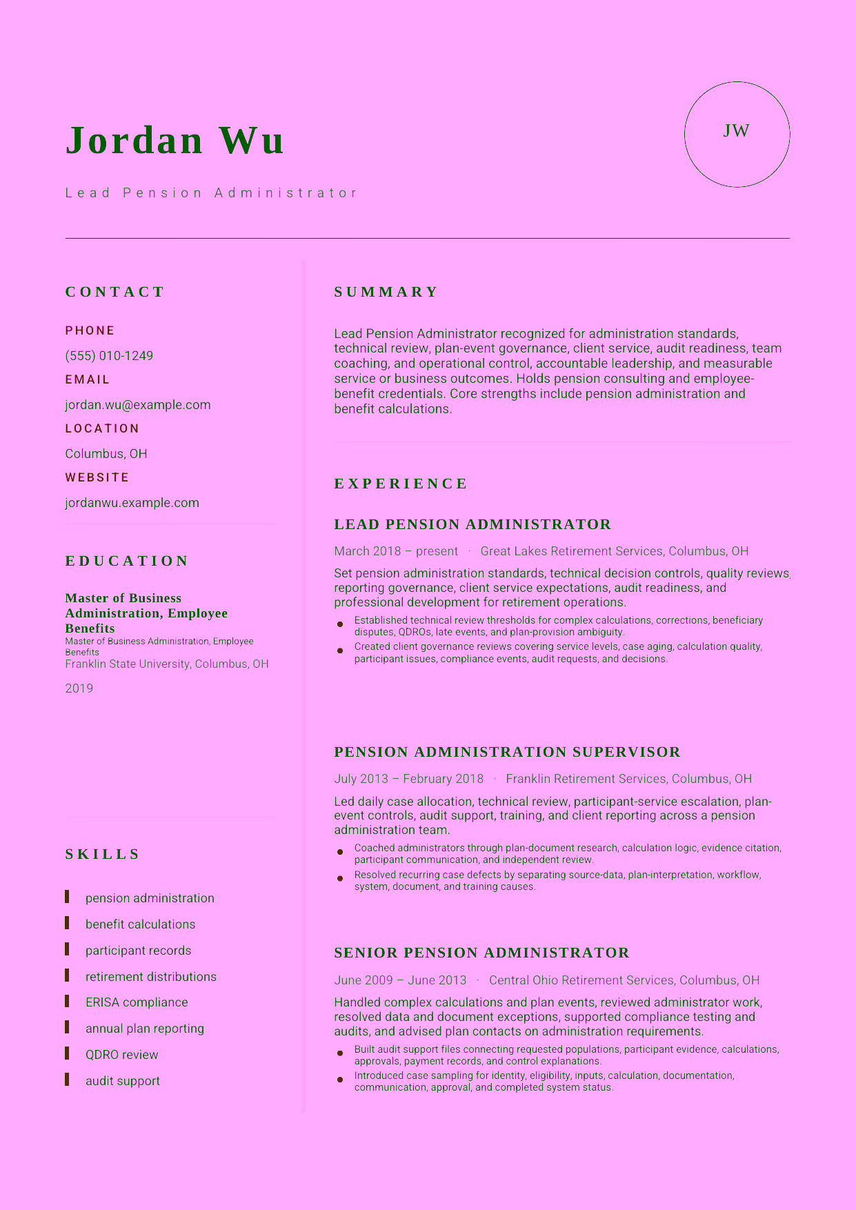 Advanced Lead Pension Administrator resume example in the Grus template focused on administration standards, technical review, plan-event governance, client service, audit readiness, team coaching, and operational control.