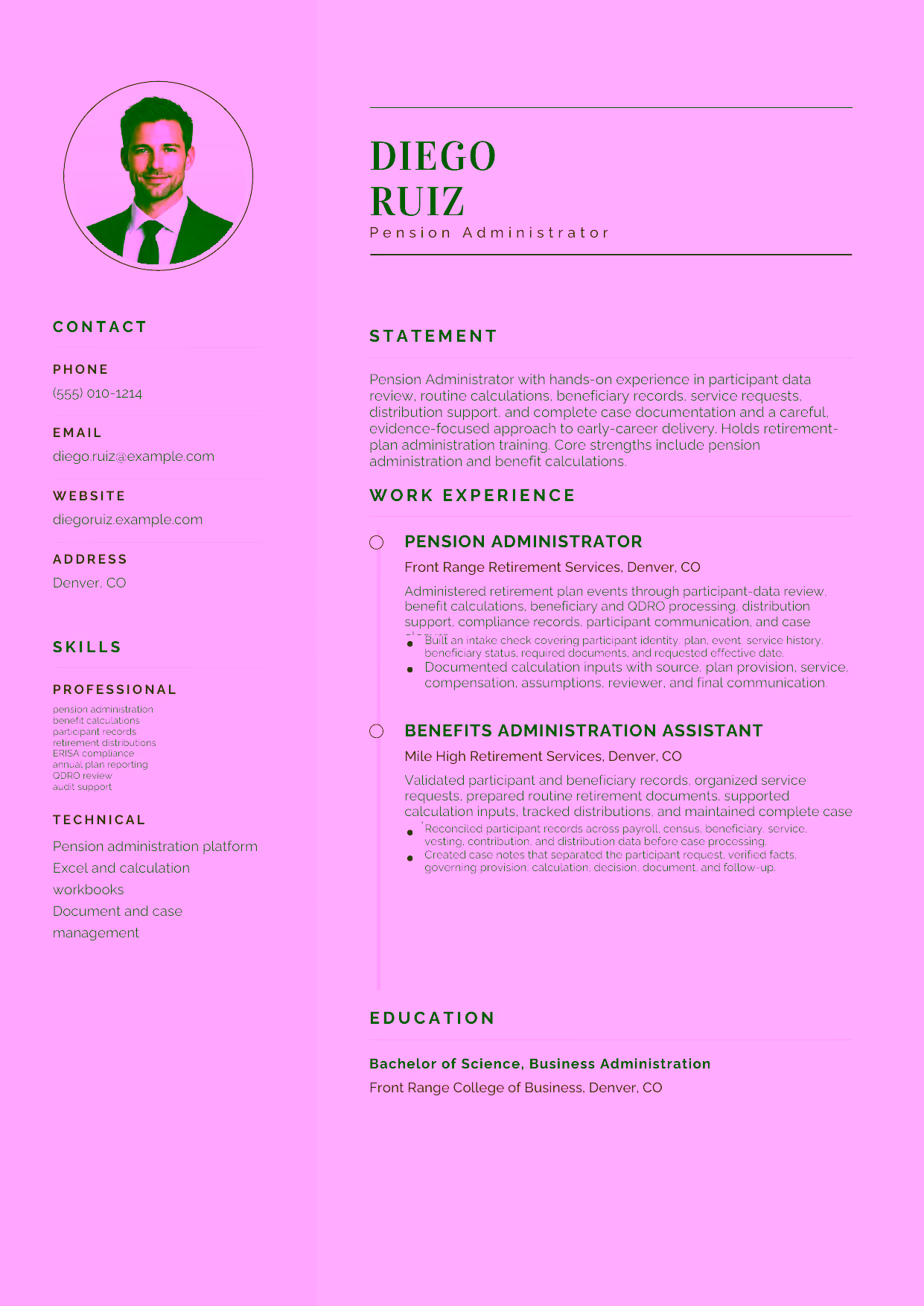 Entry-level Pension Administrator resume example in the Cetus template focused on participant data review, routine calculations, beneficiary records, service requests, distribution support, and complete case documentation.