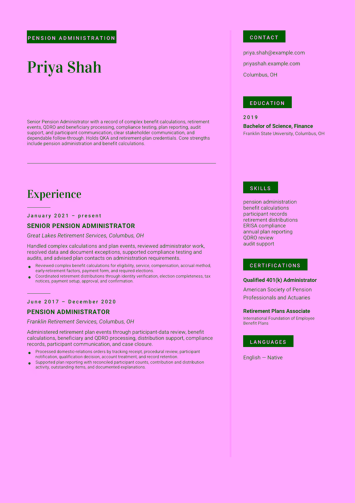 Mid-level Senior Pension Administrator resume example in the Aquila template focused on complex benefit calculations, retirement events, QDRO and beneficiary processing, compliance testing, plan reporting, audit support, and participant communication.