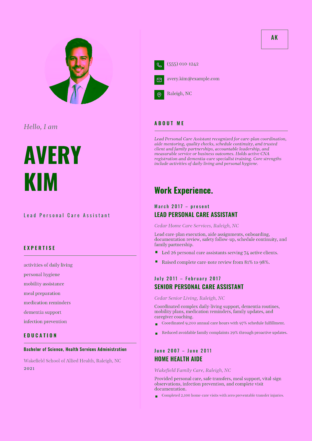 Advanced Lead Personal Care Assistant resume example in the Equuleus template focused on care-plan coordination, aide mentoring, quality checks, schedule continuity, and trusted client and family partnerships.