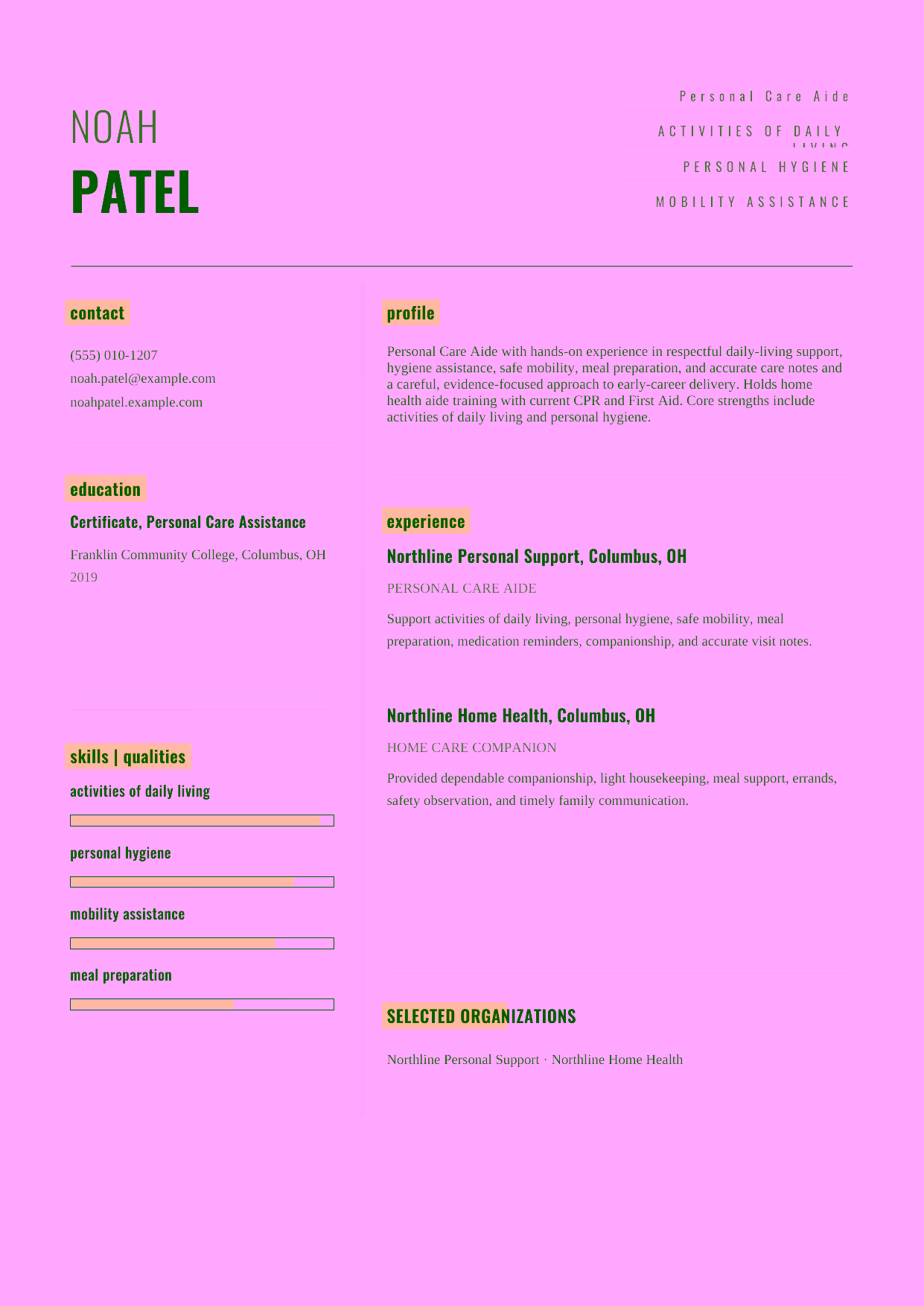 Entry-level Personal Care Aide resume example in the Dorado template focused on respectful daily-living support, hygiene assistance, safe mobility, meal preparation, and accurate care notes.