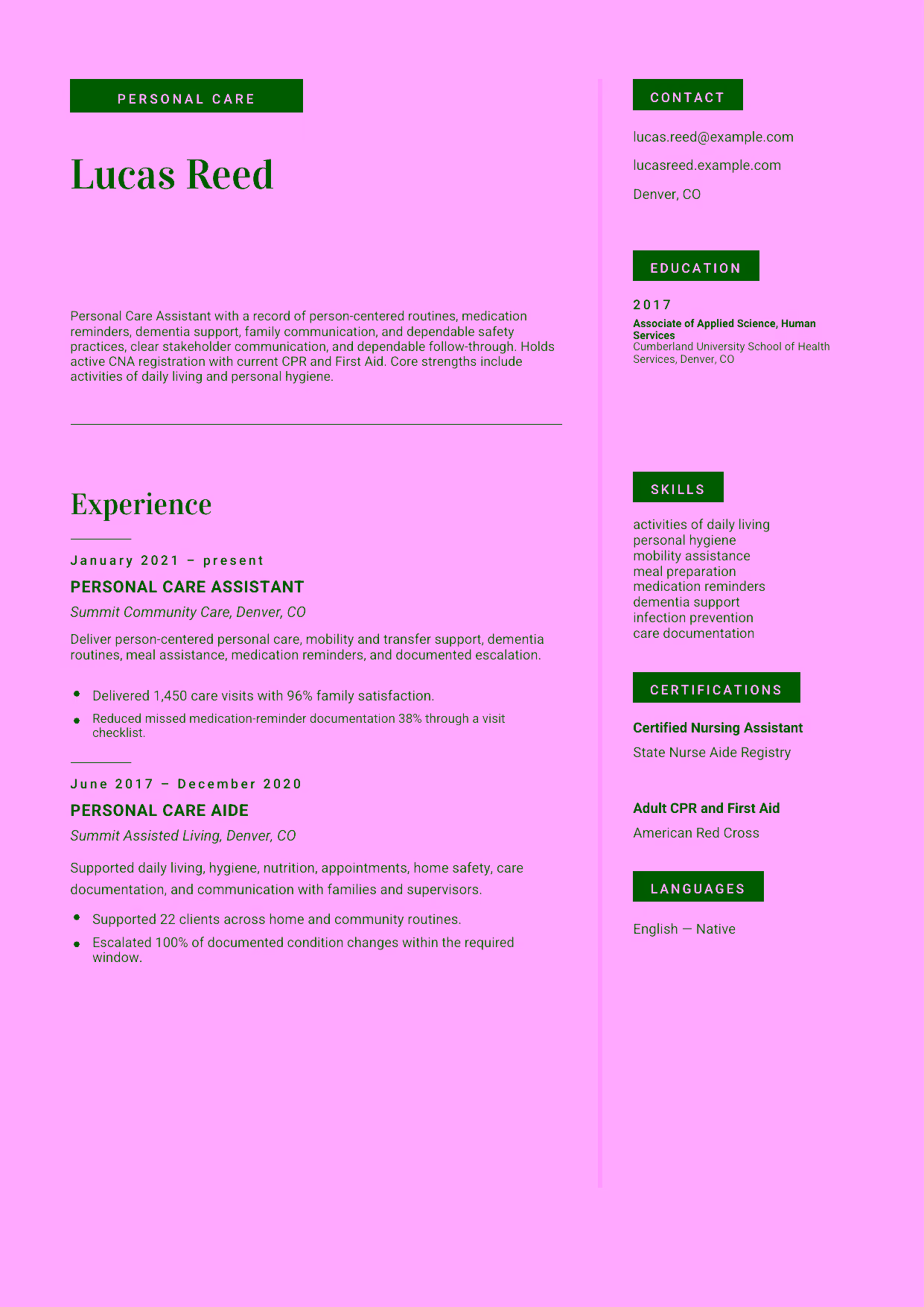 Mid-level Personal Care Assistant resume example in the Aquila template focused on person-centered routines, medication reminders, dementia support, family communication, and dependable safety practices.