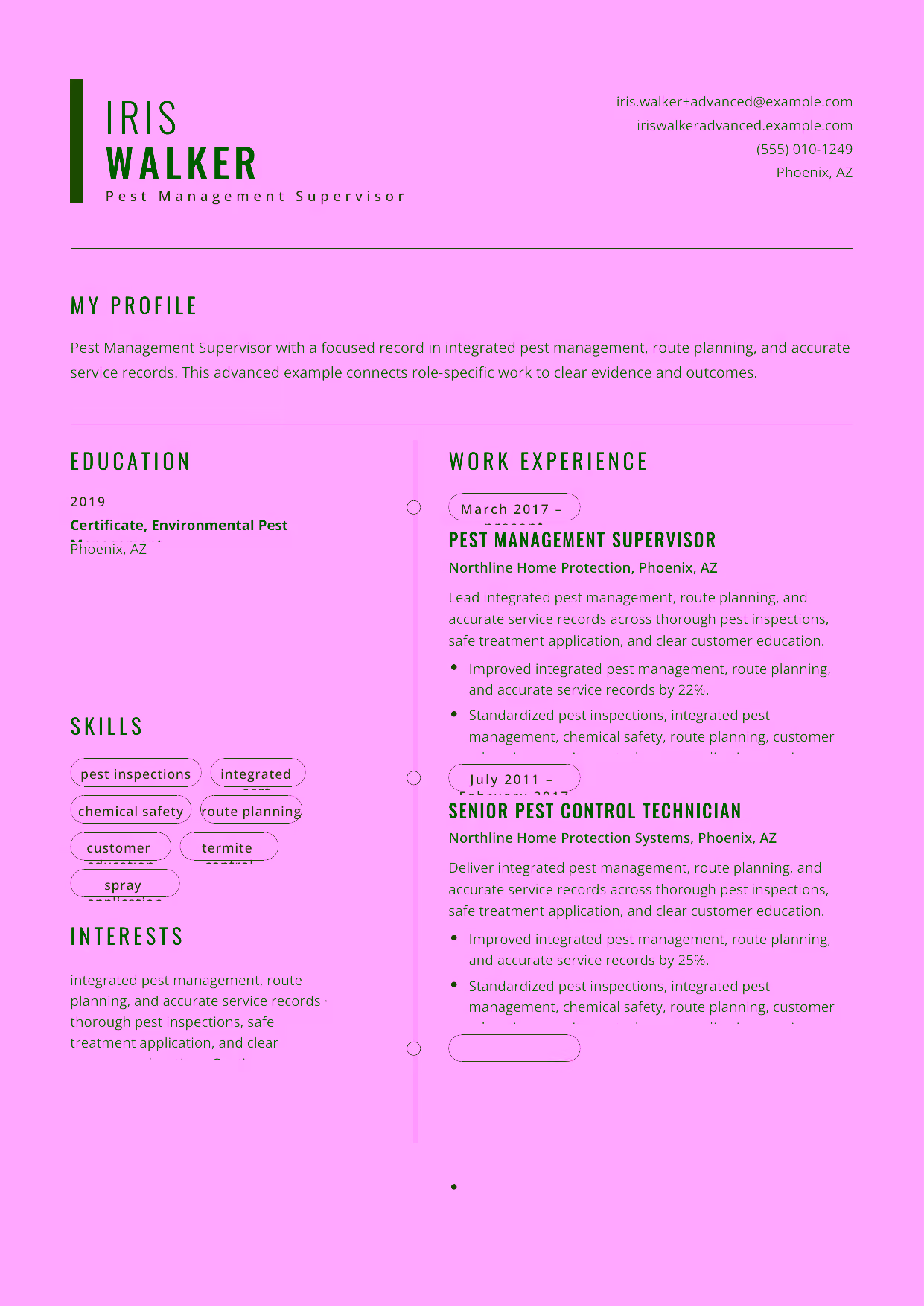 Advanced Pest Management Supervisor resume example in the Caelum template focused on termite-control standards, chemical-safety training, and technician-team leadership.
