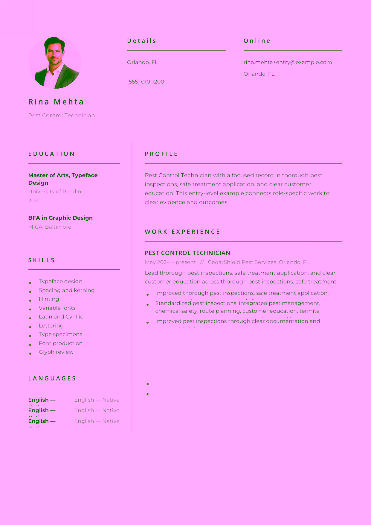 Entry-level Pest Control Technician resume example in the Pictor template focused on thorough pest inspections, safe treatment application, and clear customer education.