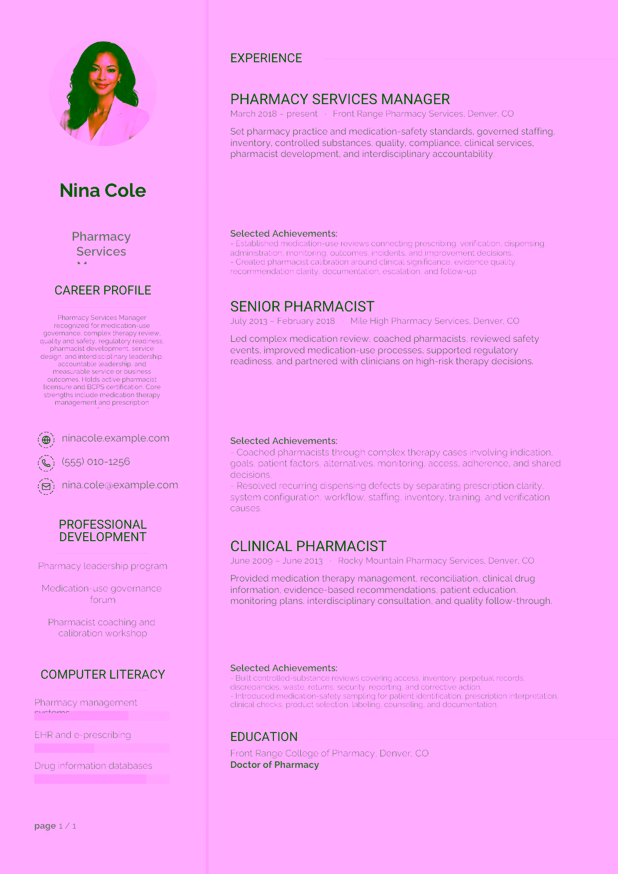 Advanced Pharmacy Services Manager resume example in the Synnove template focused on medication-use governance, complex therapy review, quality and safety, regulatory readiness, pharmacist development, service design, and interdisciplinary leadership.