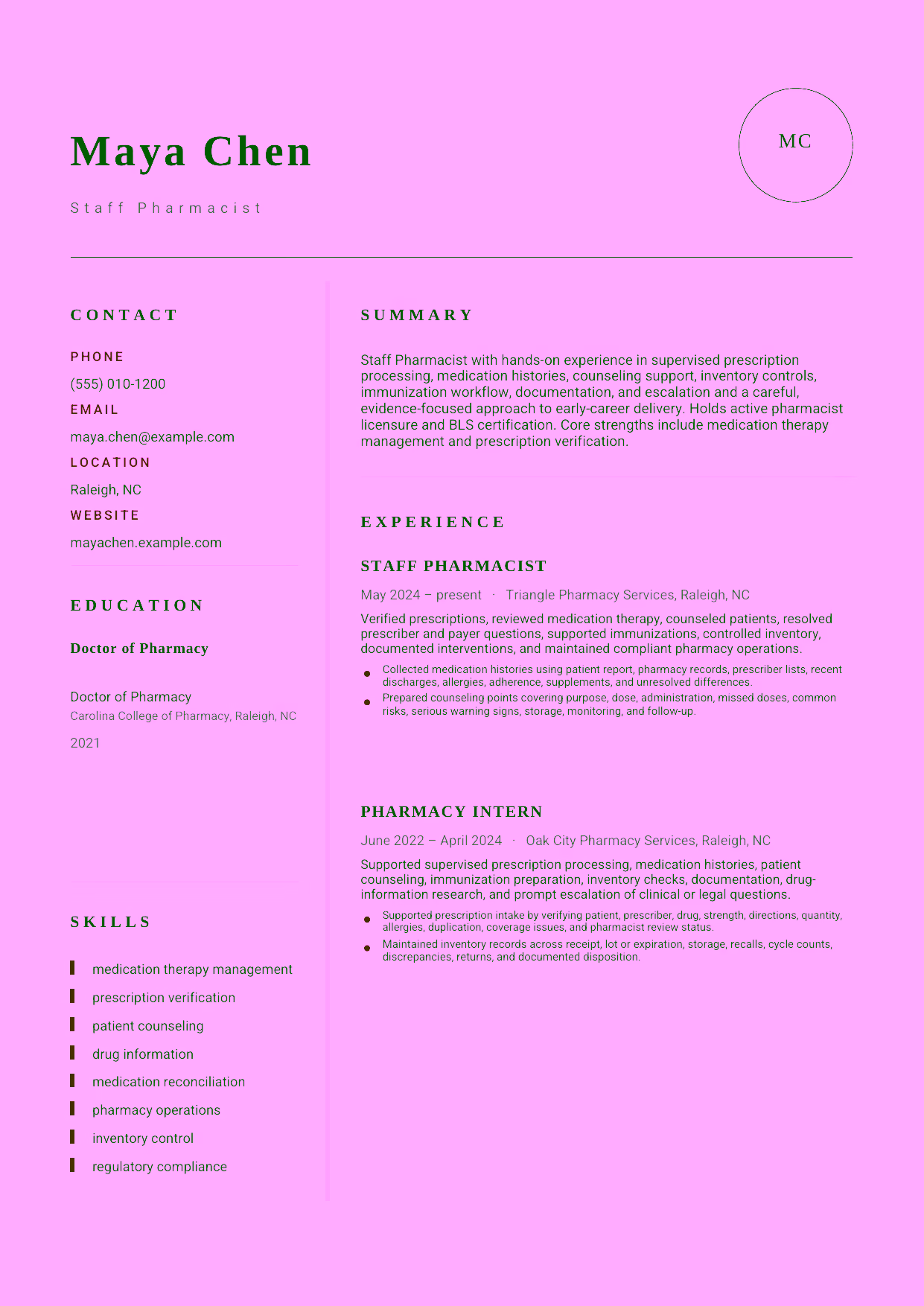 Entry-level Staff Pharmacist resume example in the Grus template focused on supervised prescription processing, medication histories, counseling support, inventory controls, immunization workflow, documentation, and escalation.